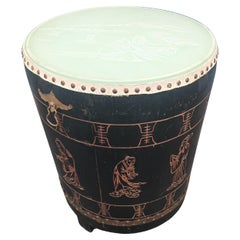 1950's Asian Chinoiserie Leather/ Carved Glass Top Drum/ Side Table