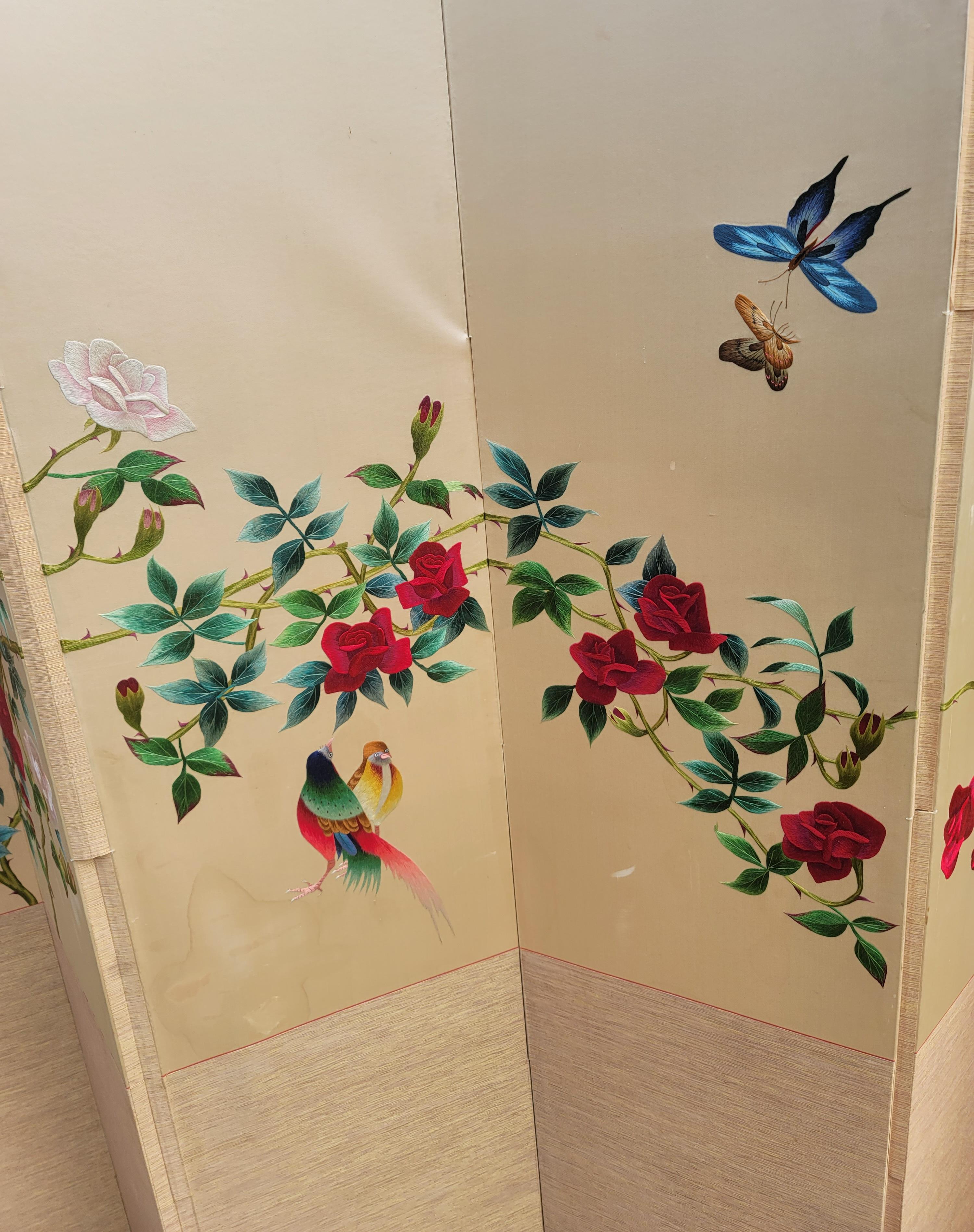 A beautiful Chinese Embroidered Eight-Fold Floor Screen or room divider in good vintage condition. Stunning roses, birds butterflies embroidered. Measures 112