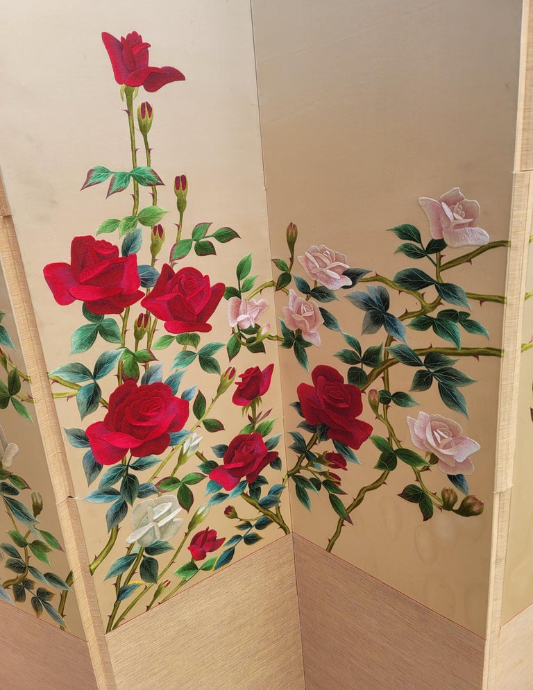 Mid-Century Modern 1950s Asian Eight-Panel Silk Embroidered Folding Floor Screen Room Divider For Sale