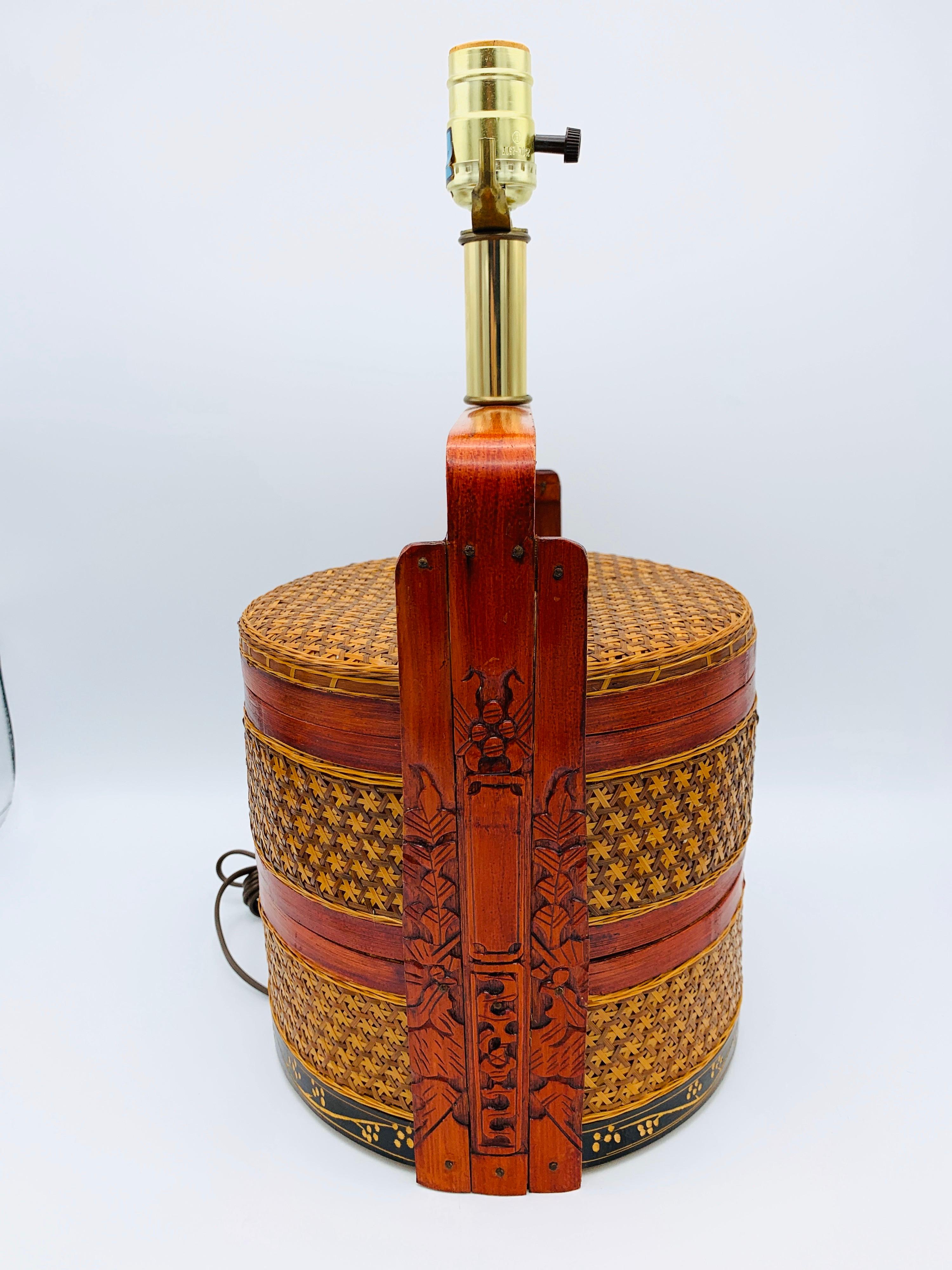 Chinoiserie 1950s Asian Grain Woven Rattan Basket Lamp