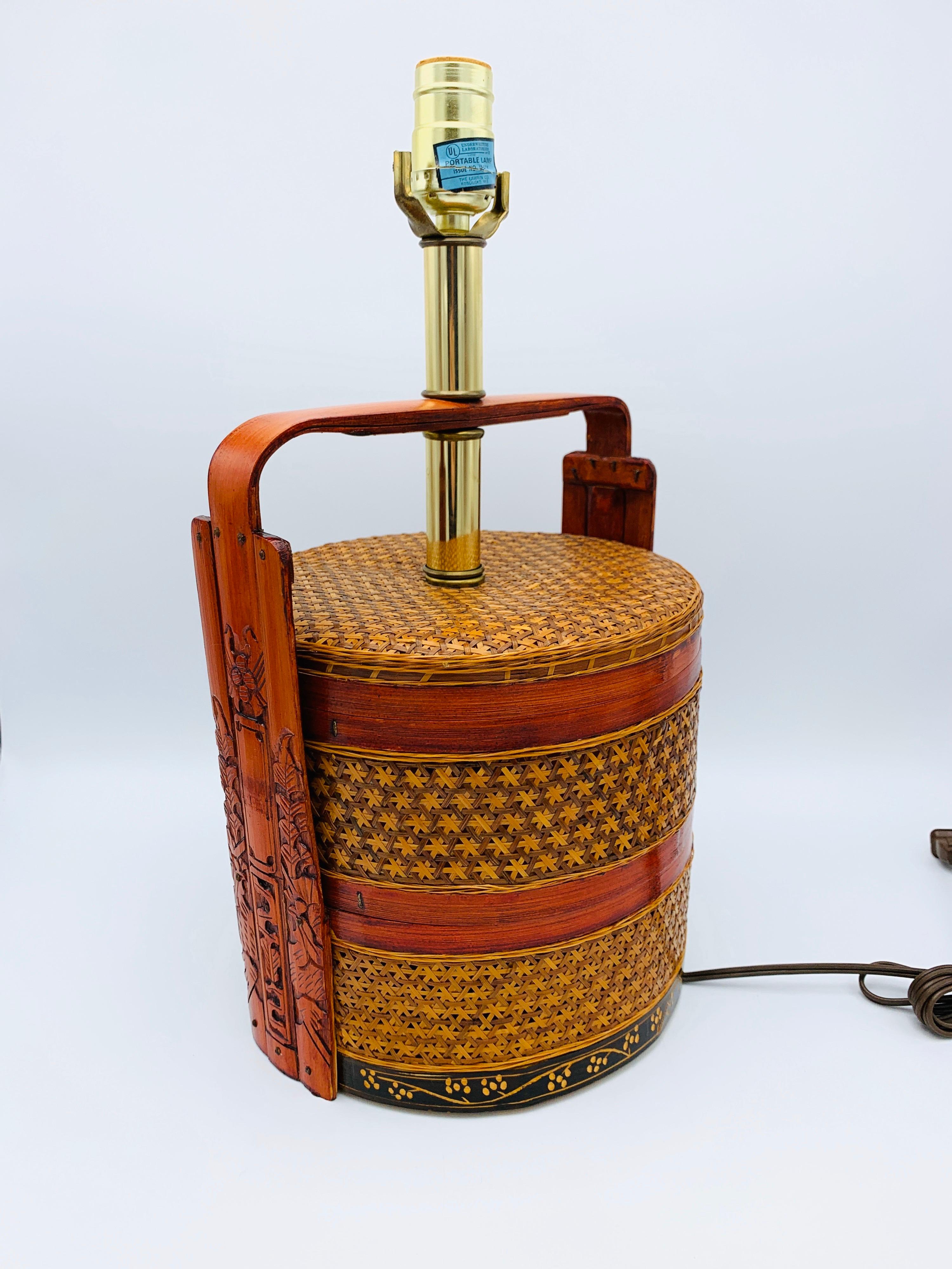 1950s Asian Grain Woven Rattan Basket Lamp In Good Condition In Richmond, VA