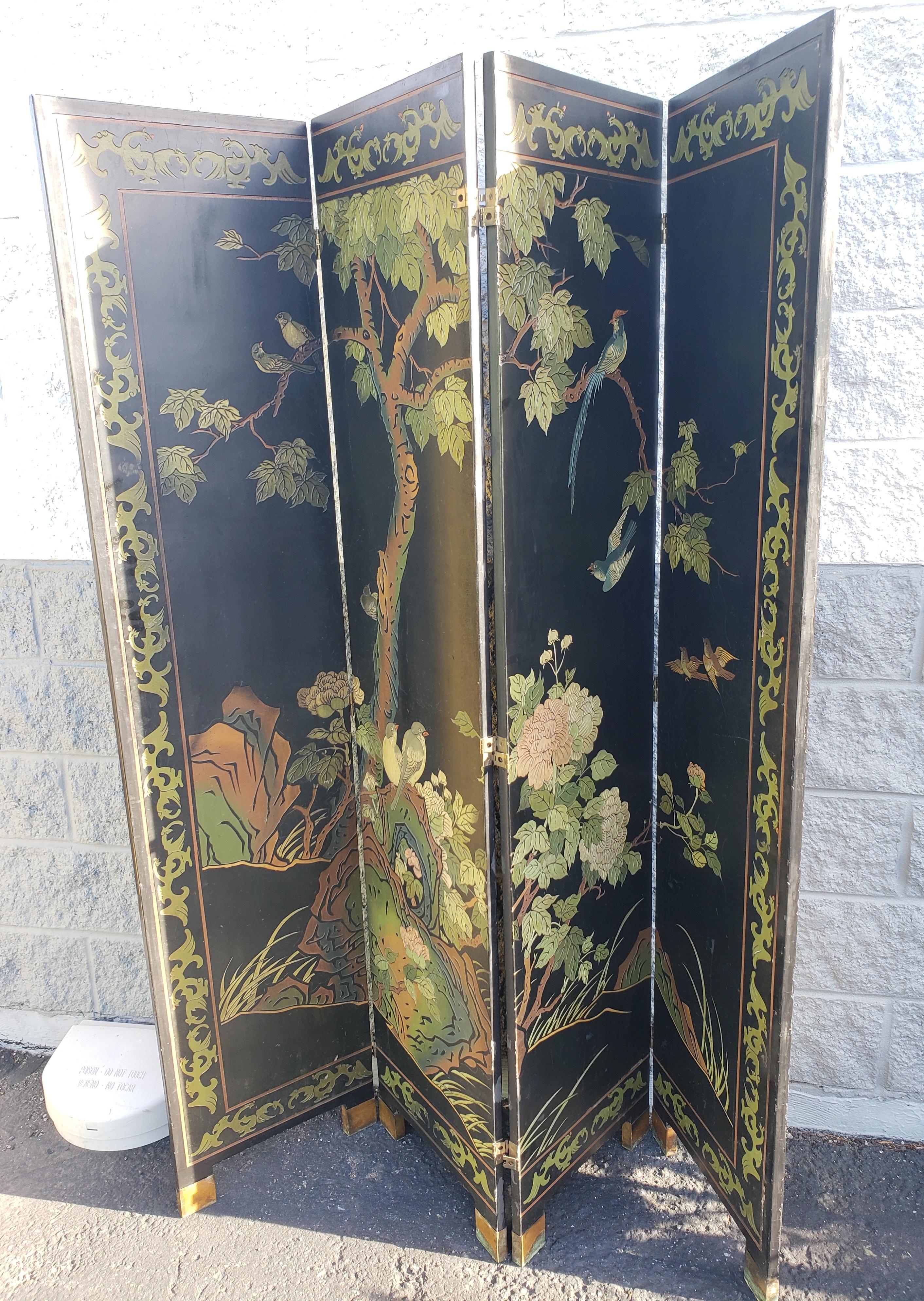 Brass 1950s Asian Style Ebonized Hand Crafted, Hand Painted Room Divider Screen
