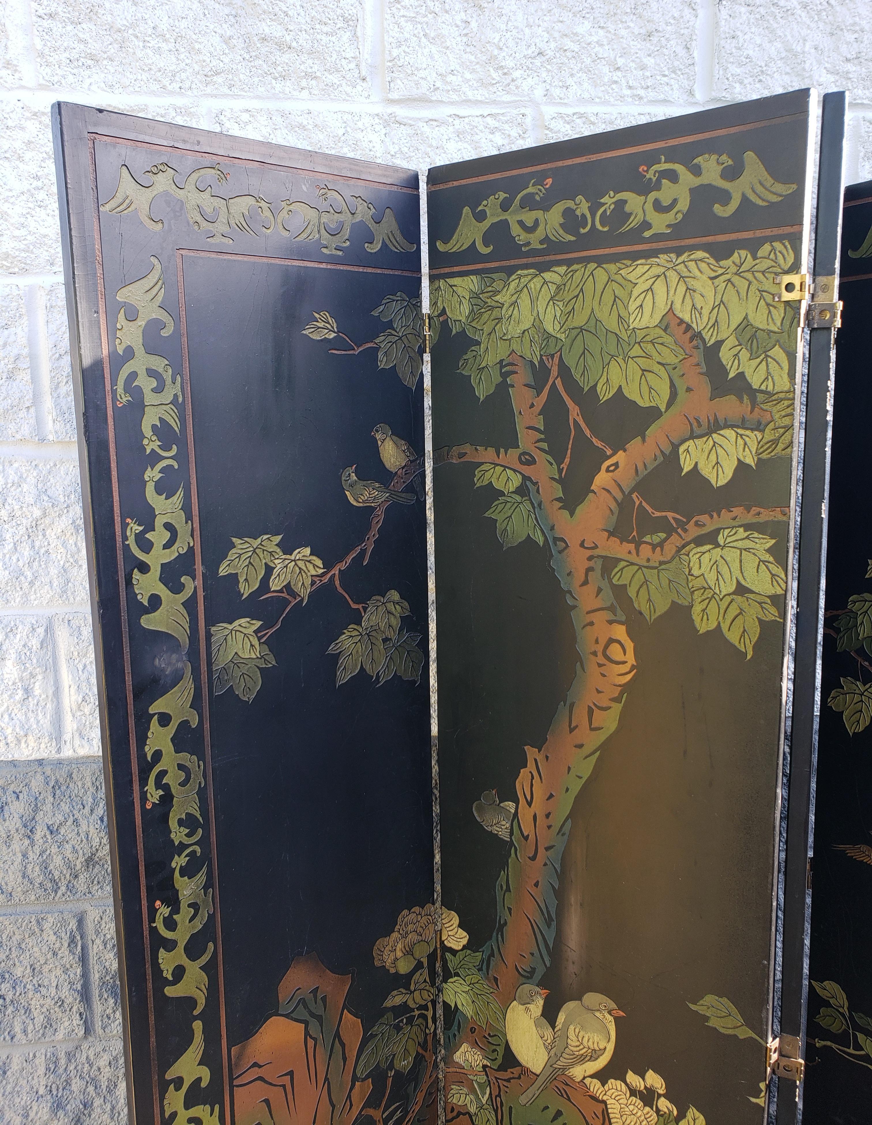 1950s Asian Style Ebonized Hand Crafted, Hand Painted Room Divider Screen 2