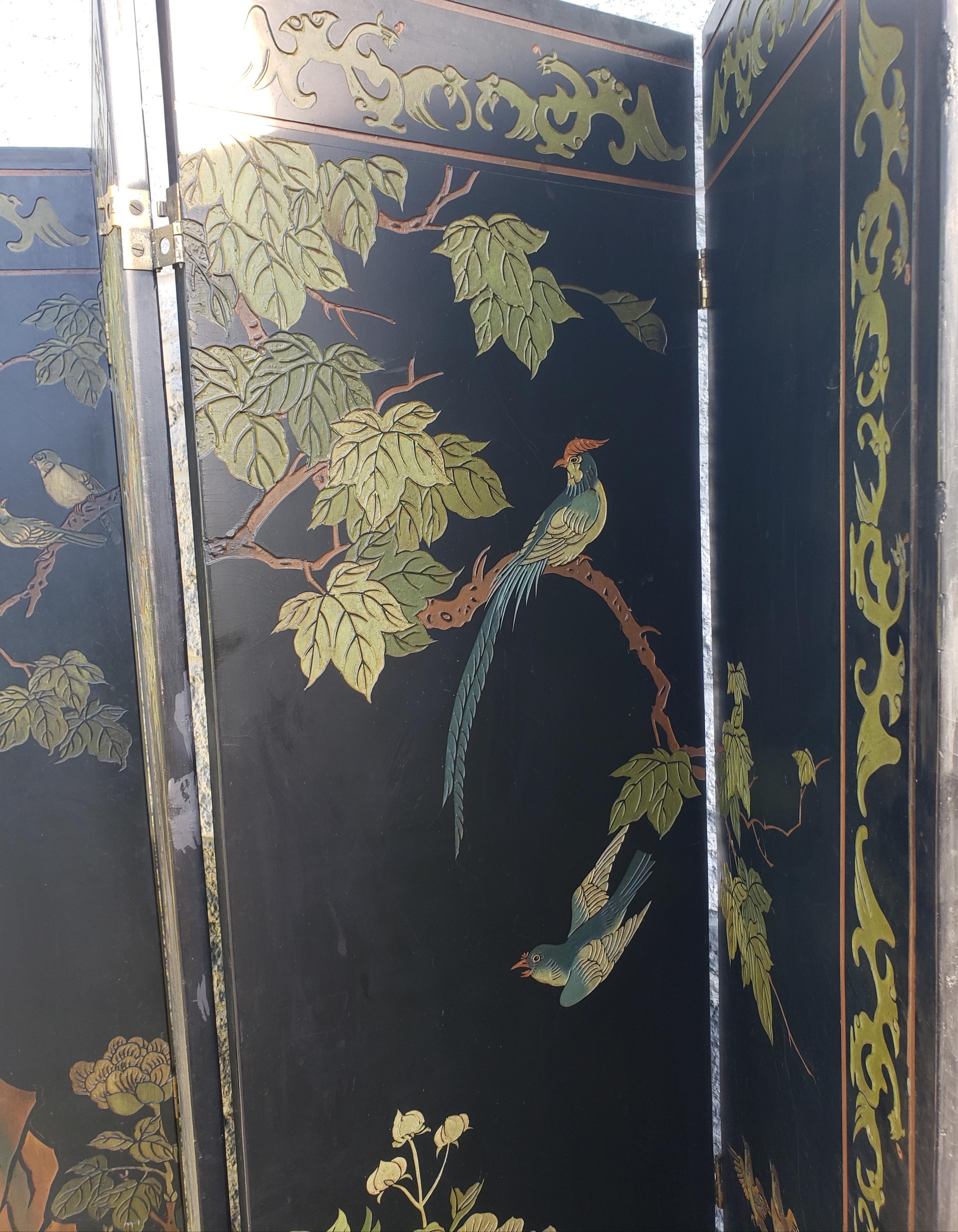 1950s Asian Style Ebonized Hand Crafted, Hand Painted Room Divider Screen 3