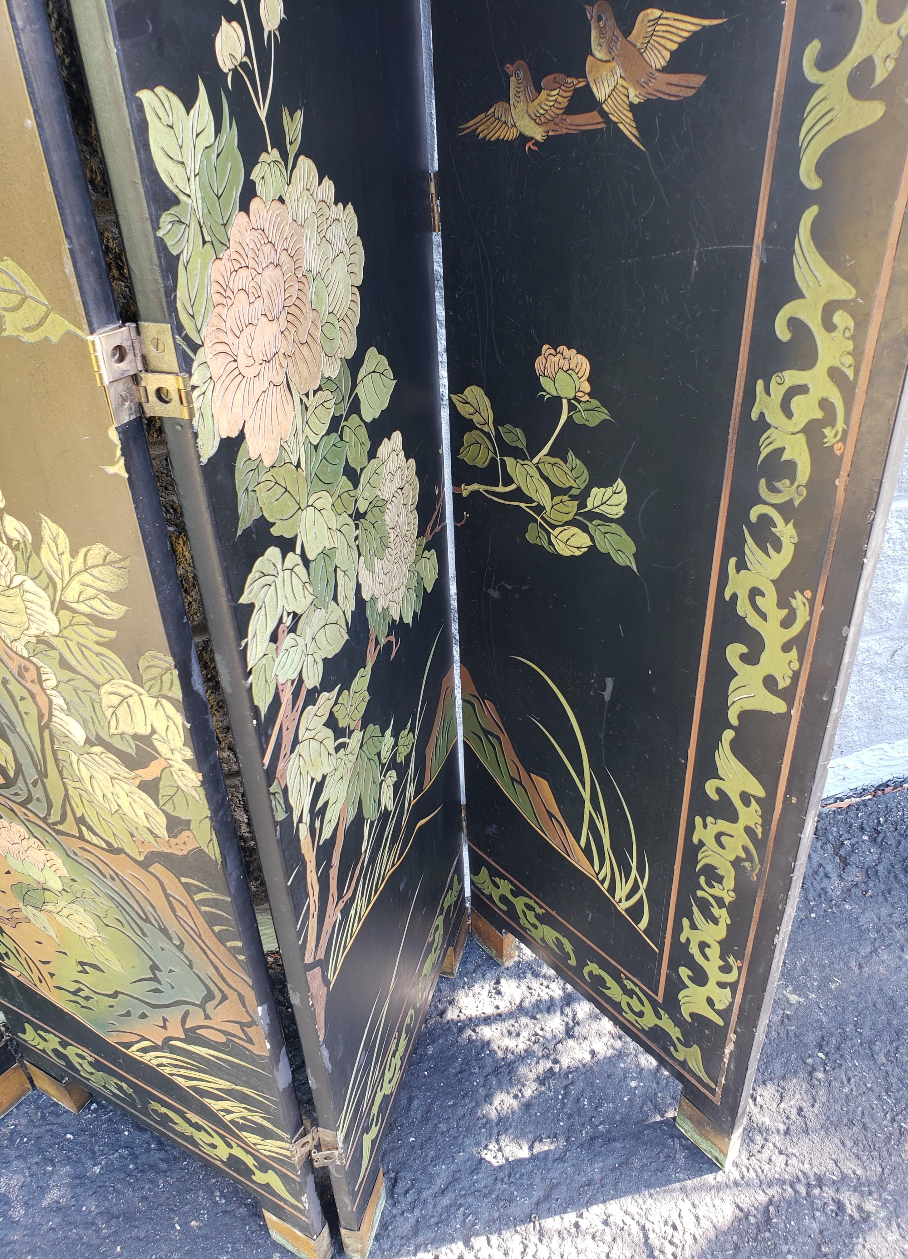 1950s Asian Style Ebonized Hand Crafted, Hand Painted Room Divider Screen 5