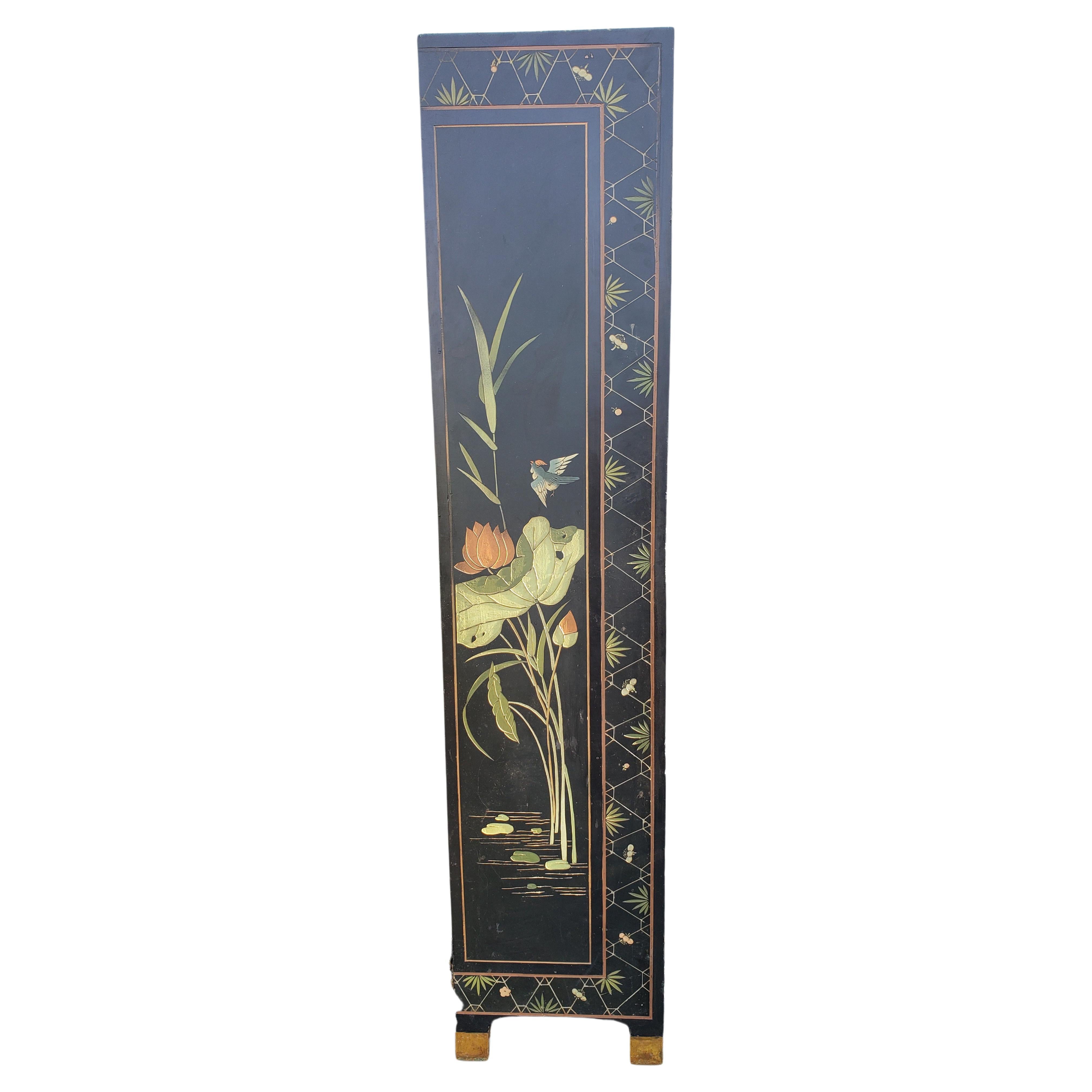 1950s Asian Style Ebonized Hand Crafted, Hand Painted Room Divider Screen 6