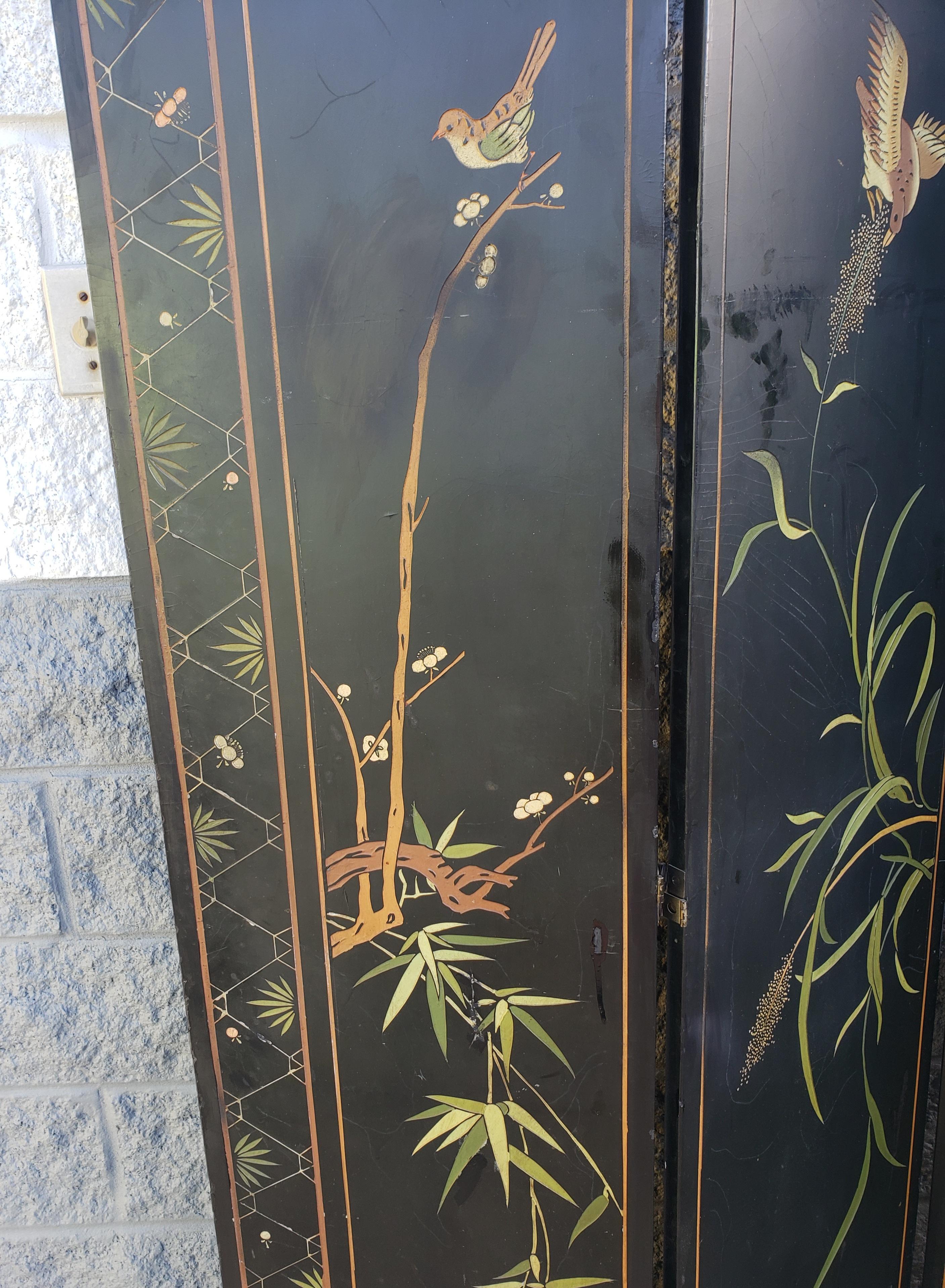 Hong Kong 1950s Asian Style Ebonized Hand Crafted, Hand Painted Room Divider Screen