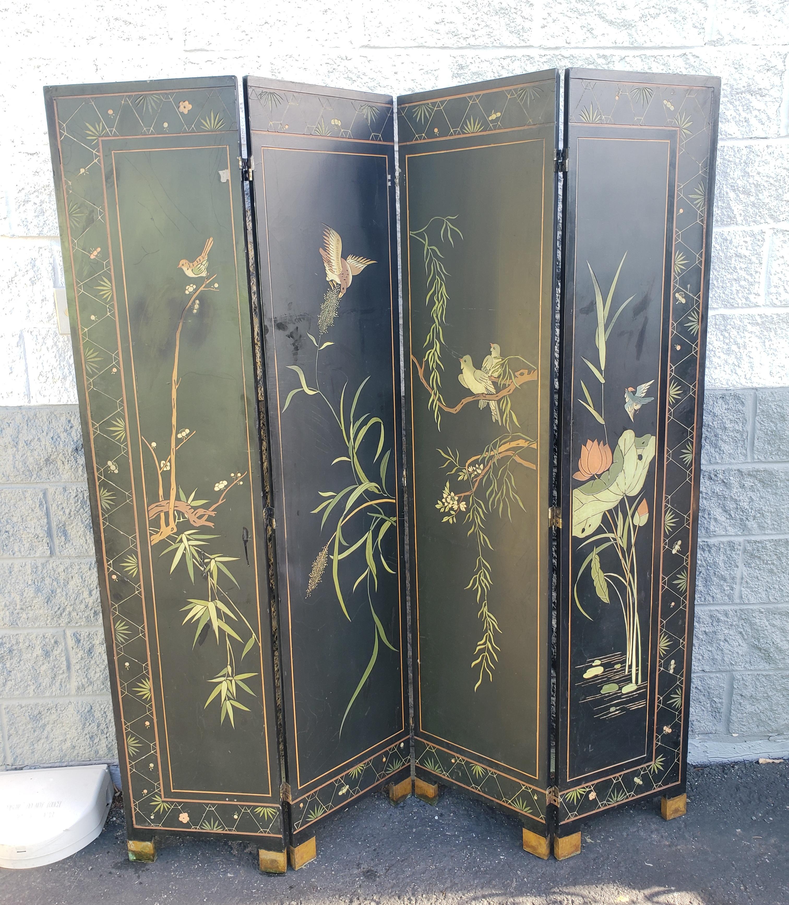 1950s Asian Style Ebonized Hand Crafted, Hand Painted Room Divider Screen In Good Condition In Germantown, MD