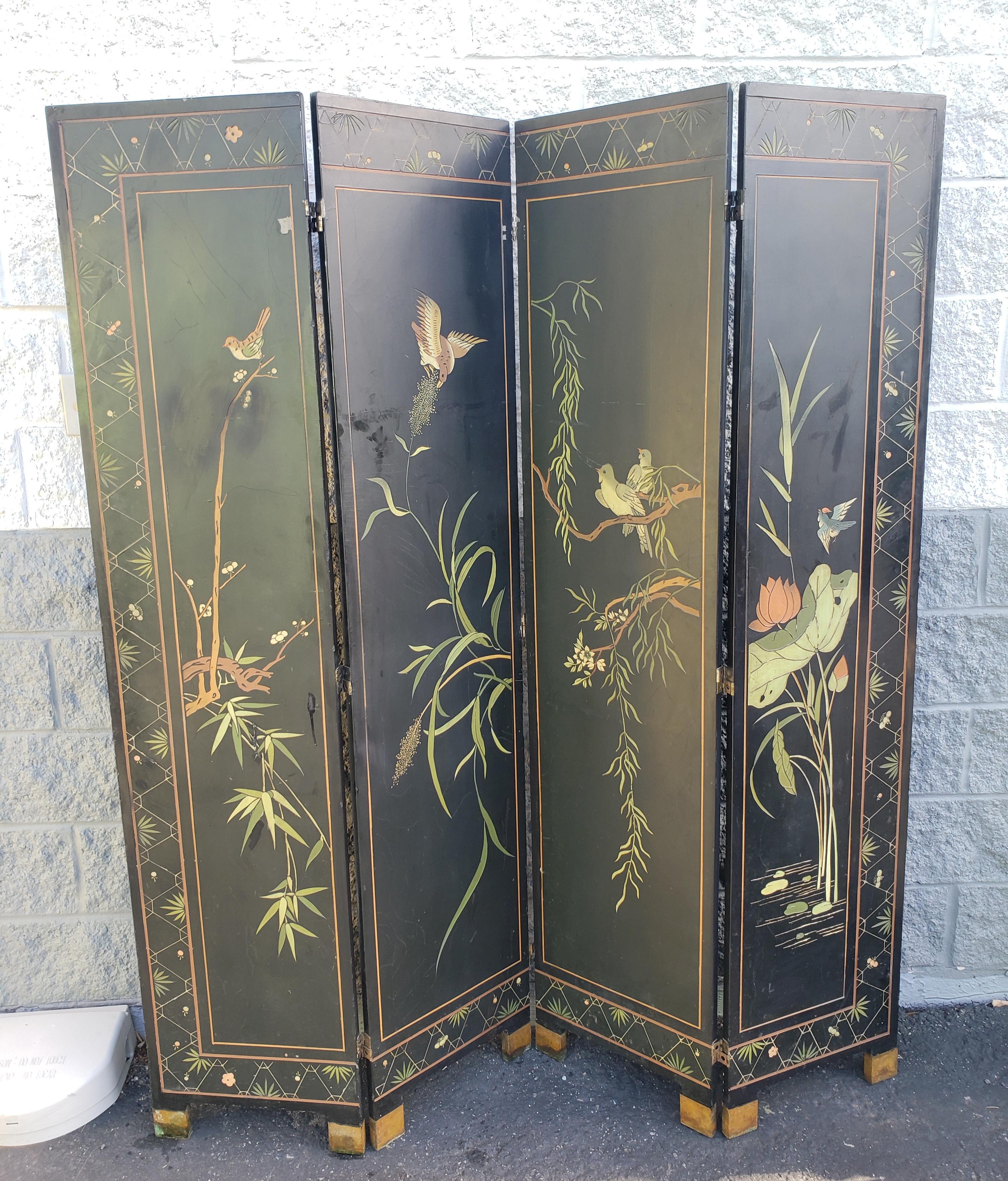 20th Century 1950s Asian Style Ebonized Hand Crafted, Hand Painted Room Divider Screen