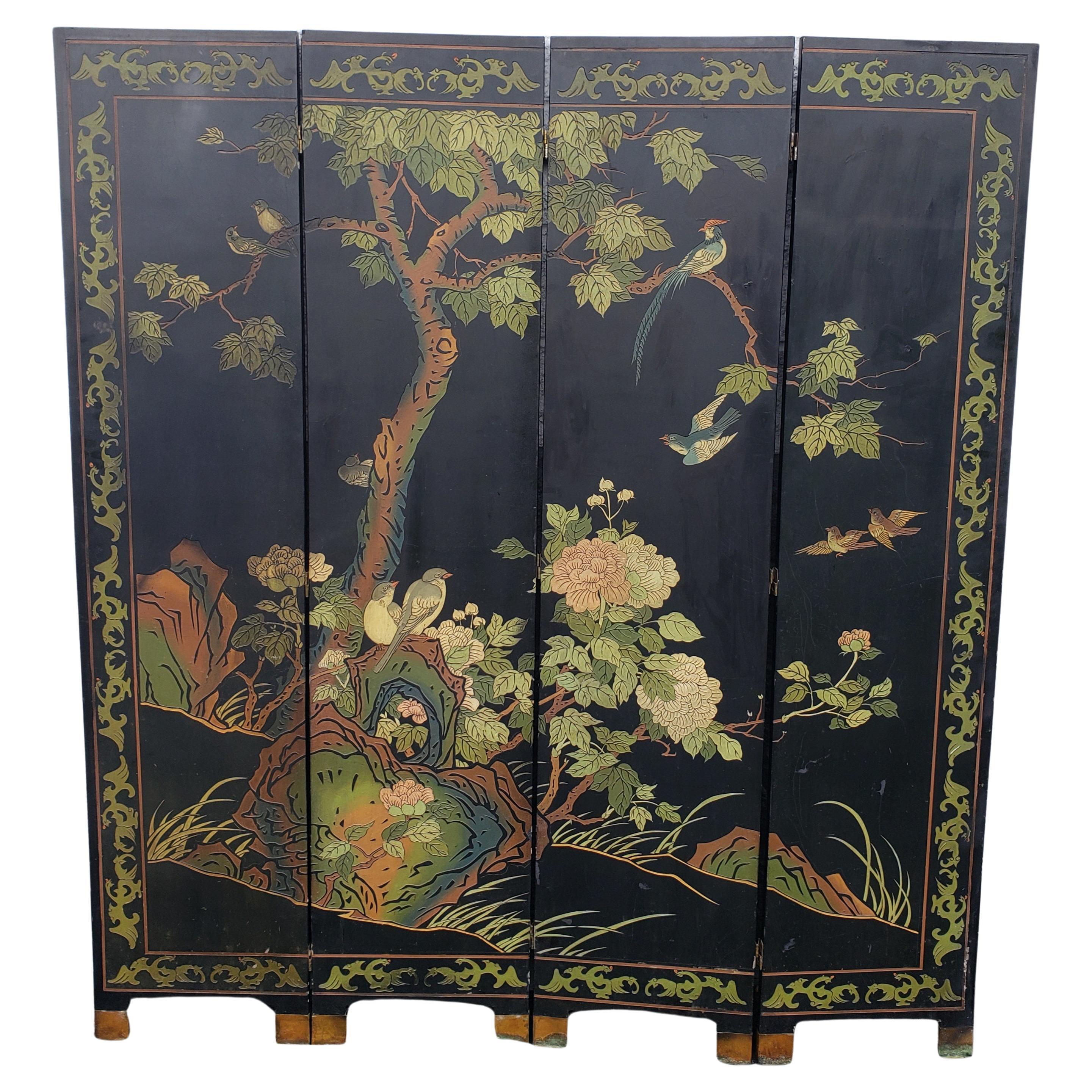1950s Asian Style Ebonized Hand Crafted, Hand Painted Room Divider Screen