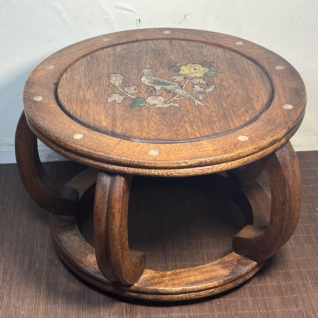 1950s Asian Wood Seat with Shell Birds Flowers For Sale 6