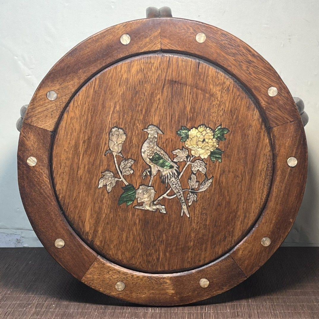 Mid-20th Century 1950s Asian Wood Seat with Shell Birds Flowers For Sale