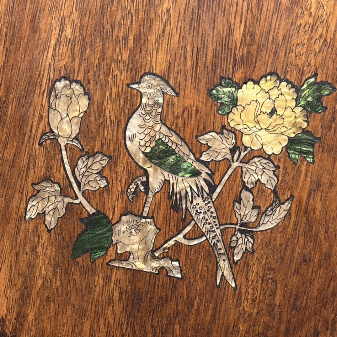 1950s Asian Wood Seat with Shell Birds Flowers For Sale 3