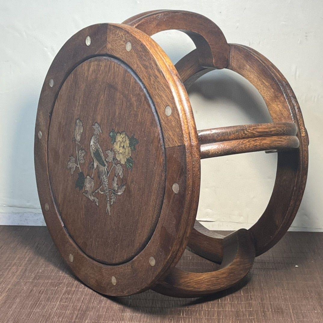 1950s Asian Wood Seat with Shell Birds Flowers For Sale 4