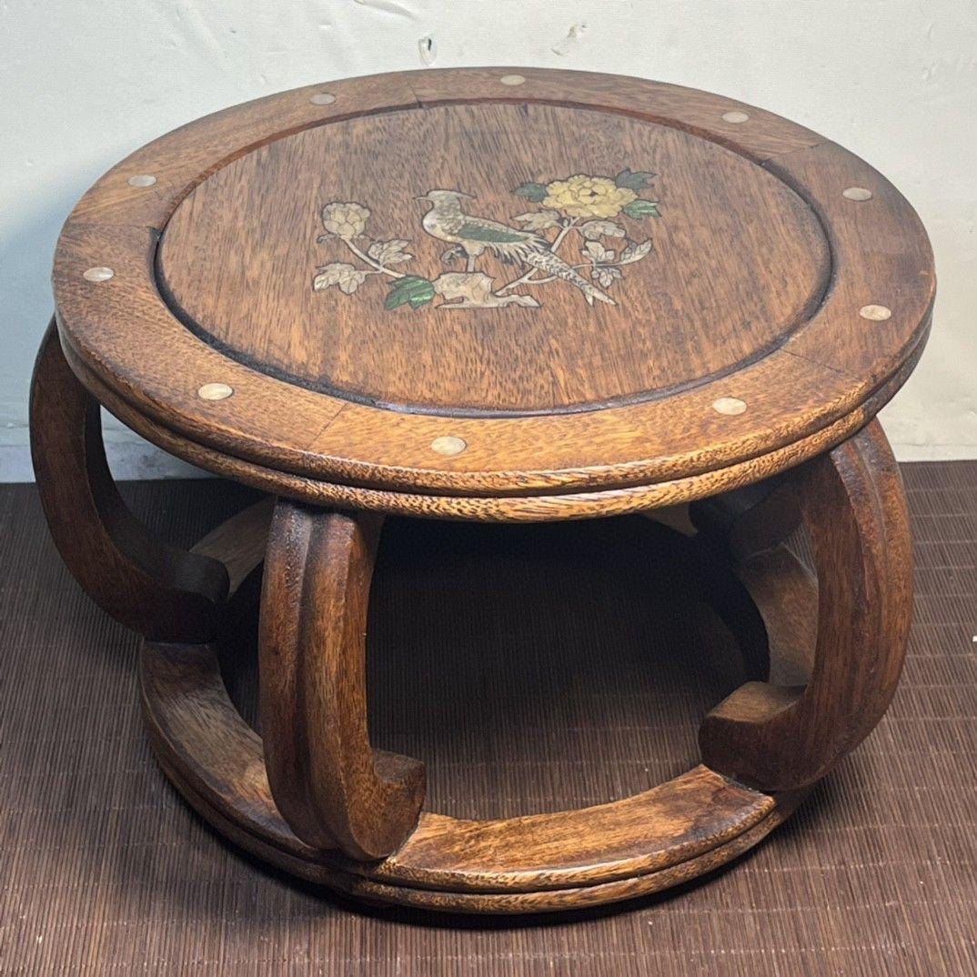 1950s Asian Wood Seat with Shell Birds Flowers For Sale 5