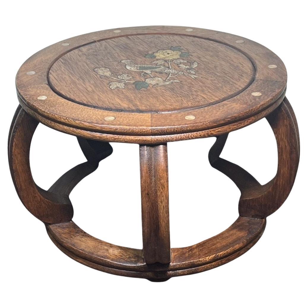 1950s Asian Wood Seat with Shell Birds Flowers