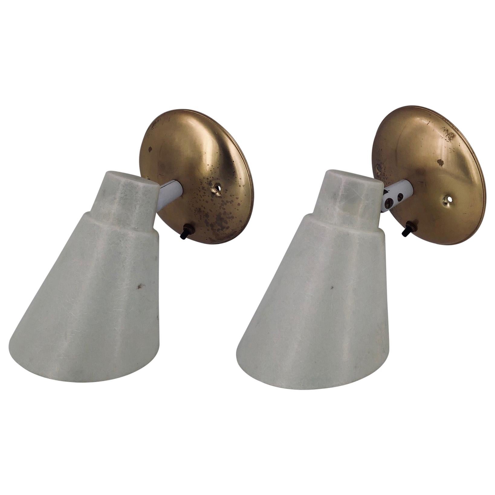1950s Atomic Age Pair of Fiberglass and Brass Multidirectional Wall Sconces
