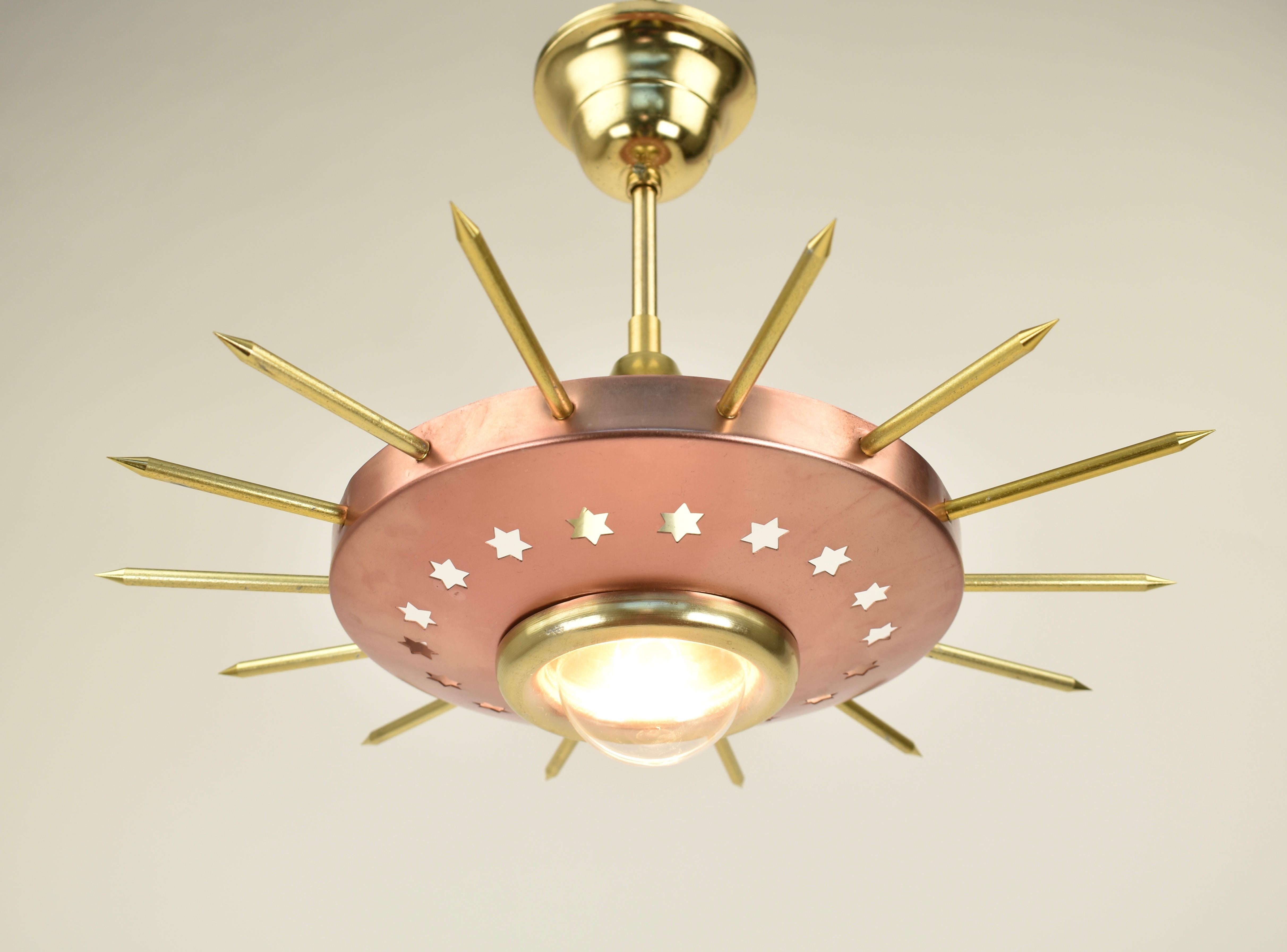 Mid-20th Century 1950s Atomic Age Sunburst Pendant Light For Sale