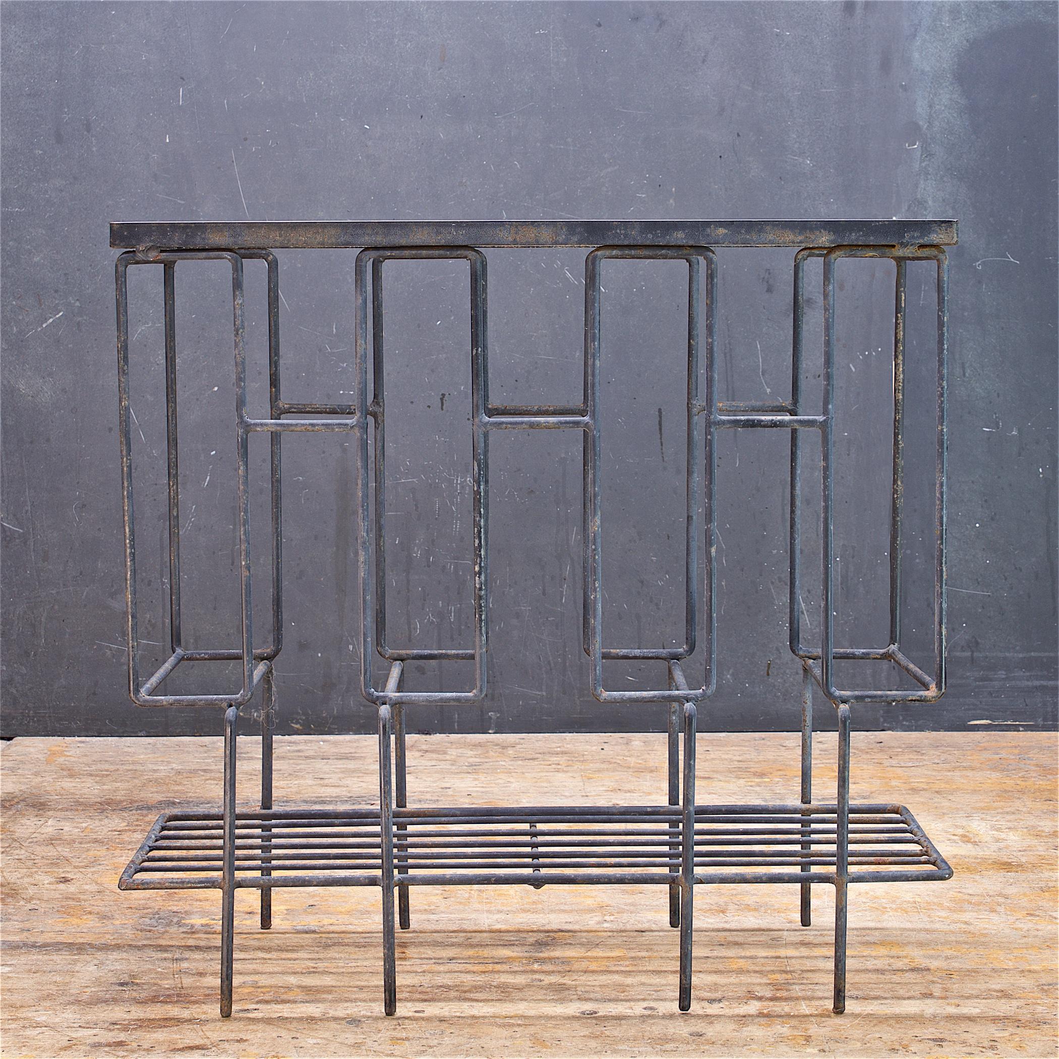 American 1950s Shelf Entryway Table Patinated Black Iron Rod like Sol Bloom Record Rack For Sale