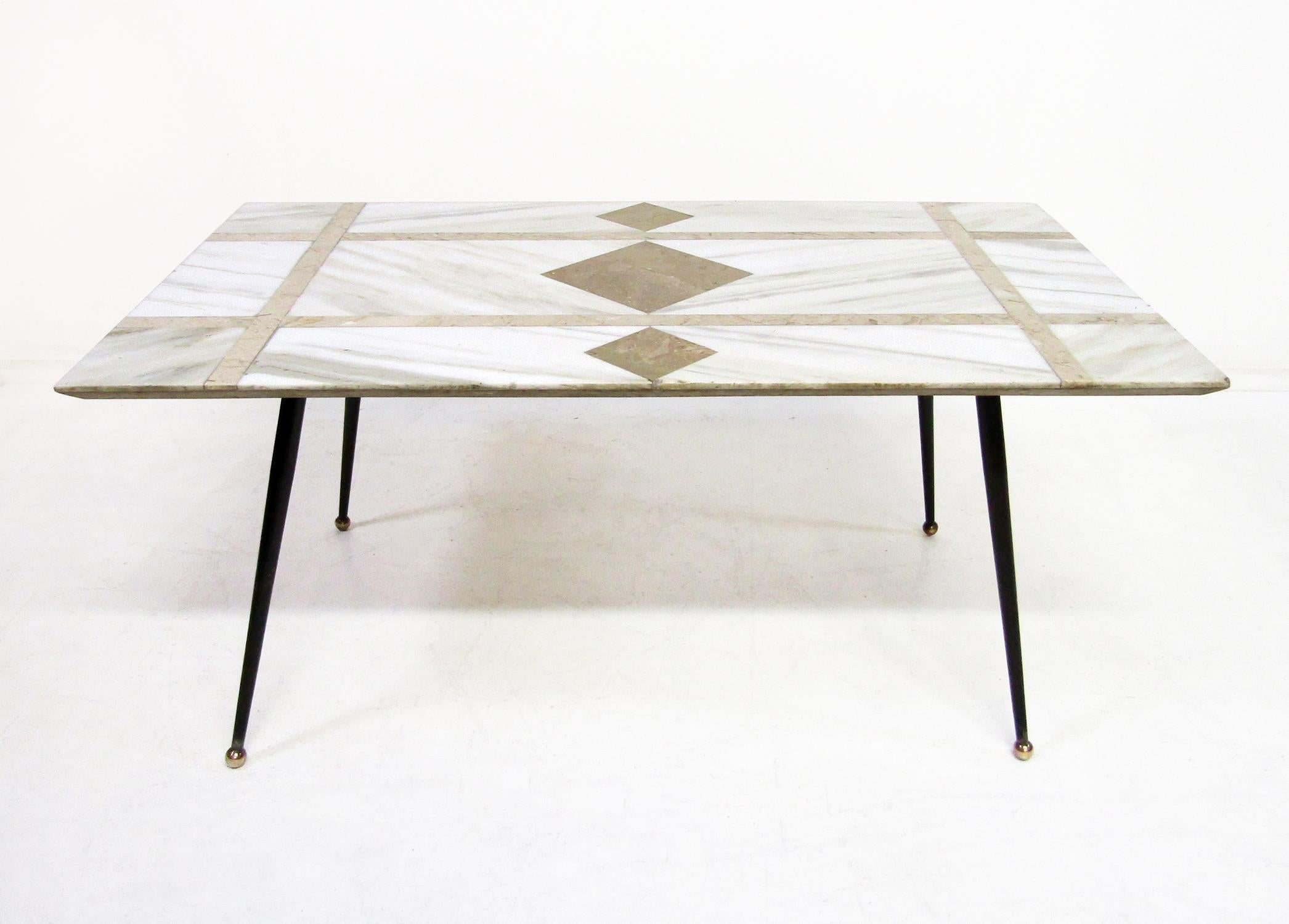 Mid-Century Modern 1950s Atomic Italian Coffee Table In Pietra Dura Marble with Brass Ball Feet