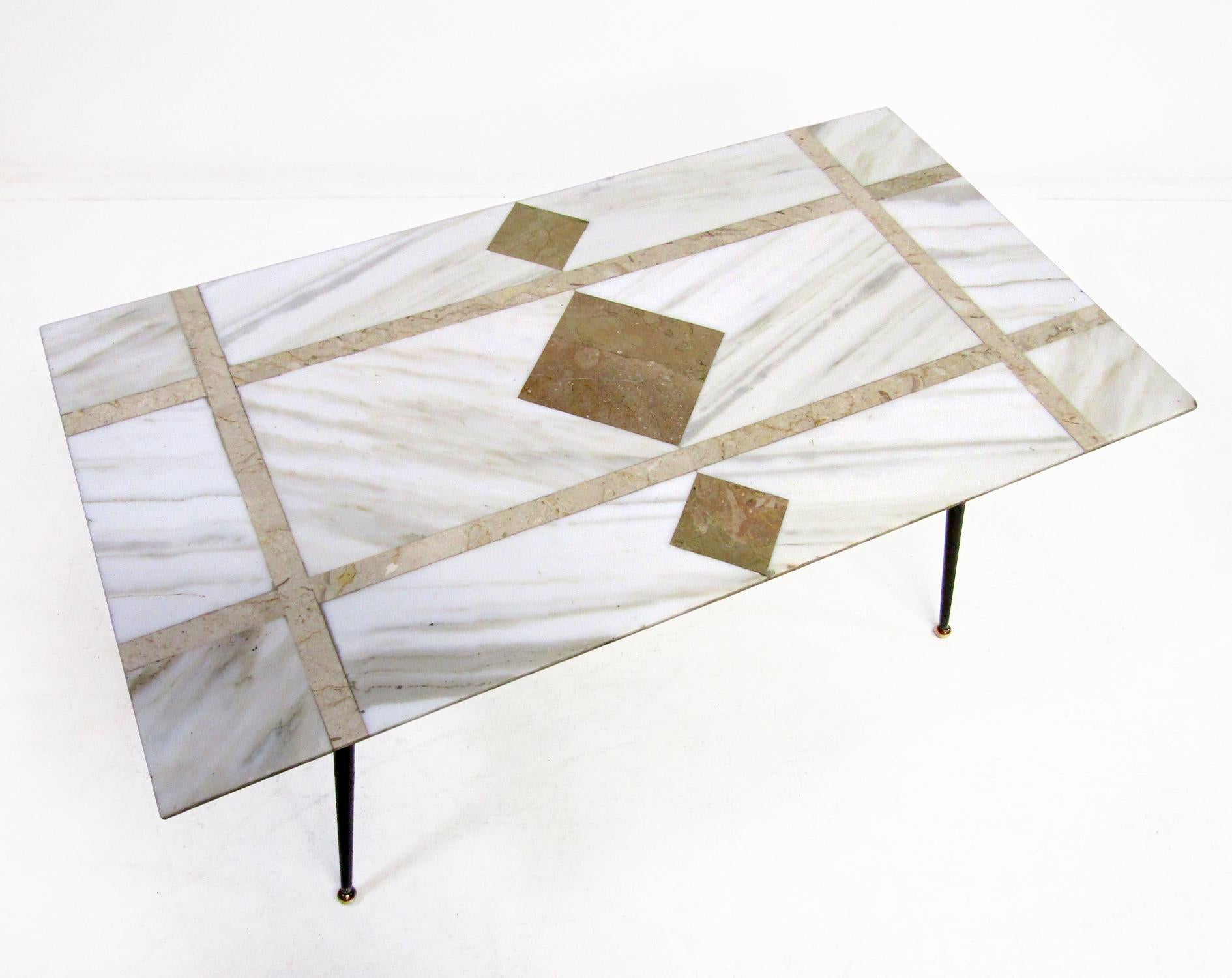 20th Century 1950s Atomic Italian Coffee Table In Pietra Dura Marble with Brass Ball Feet