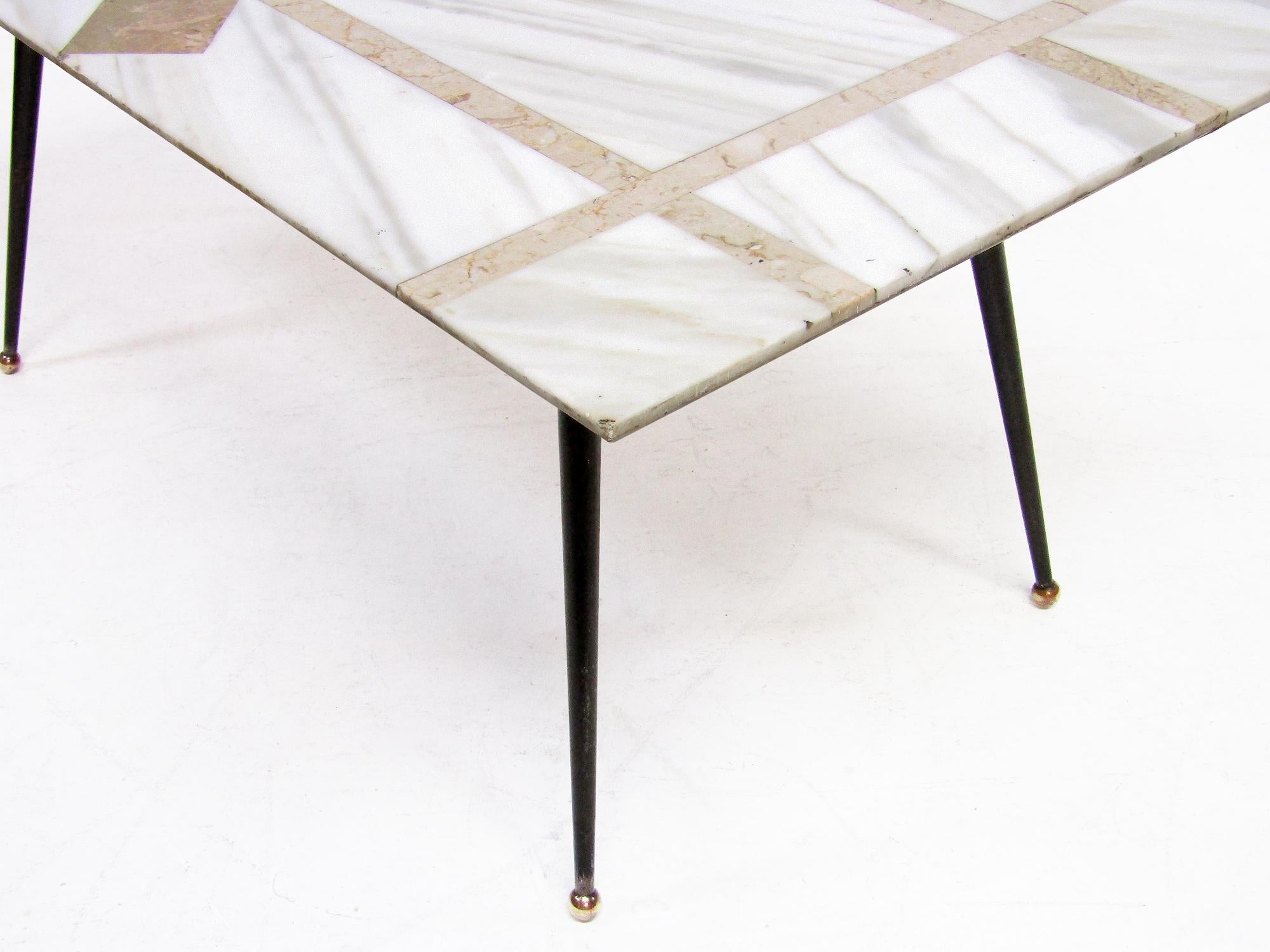 1950s Atomic Italian Coffee Table In Pietra Dura Marble with Brass Ball Feet 4