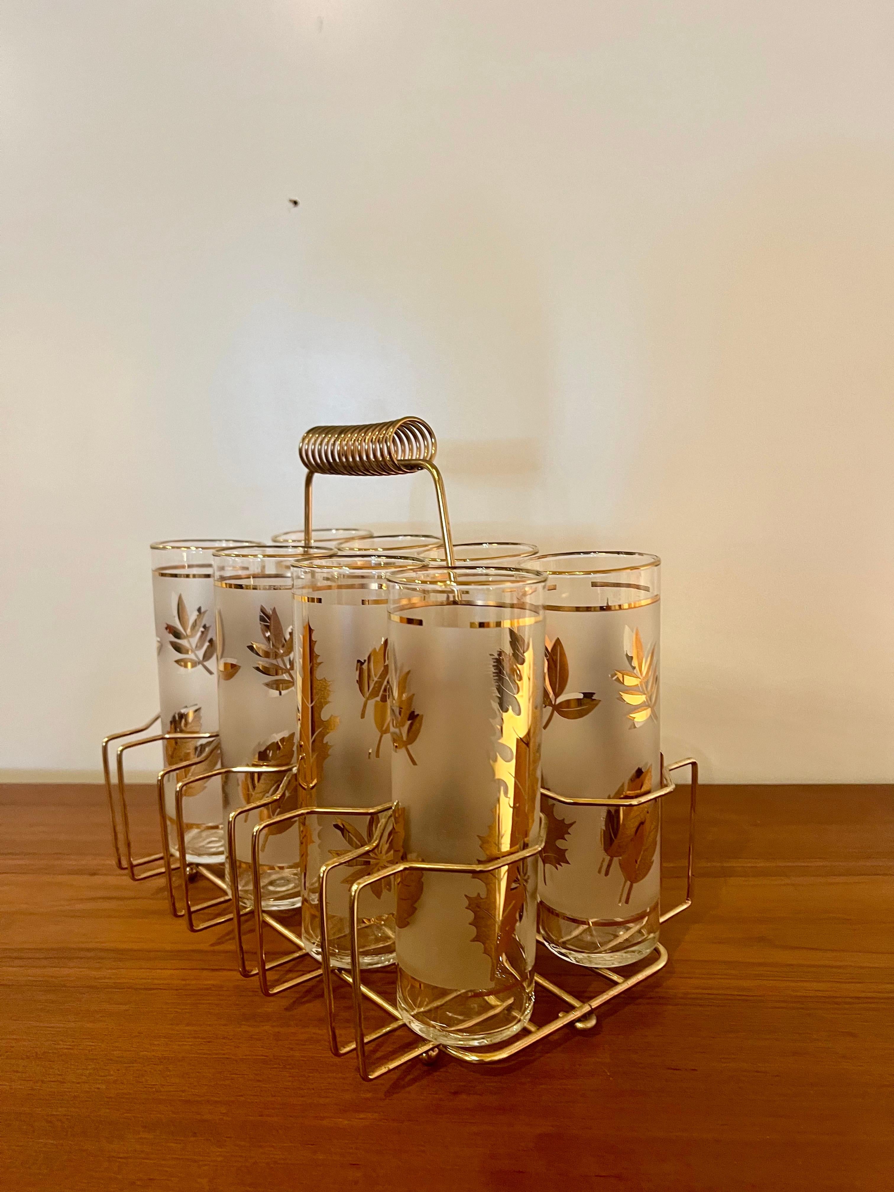 Mid-Century Modern 1950's Atomic Mid Century Libbey Golden Tumblers Set of 8 Highball Glasses Caddy