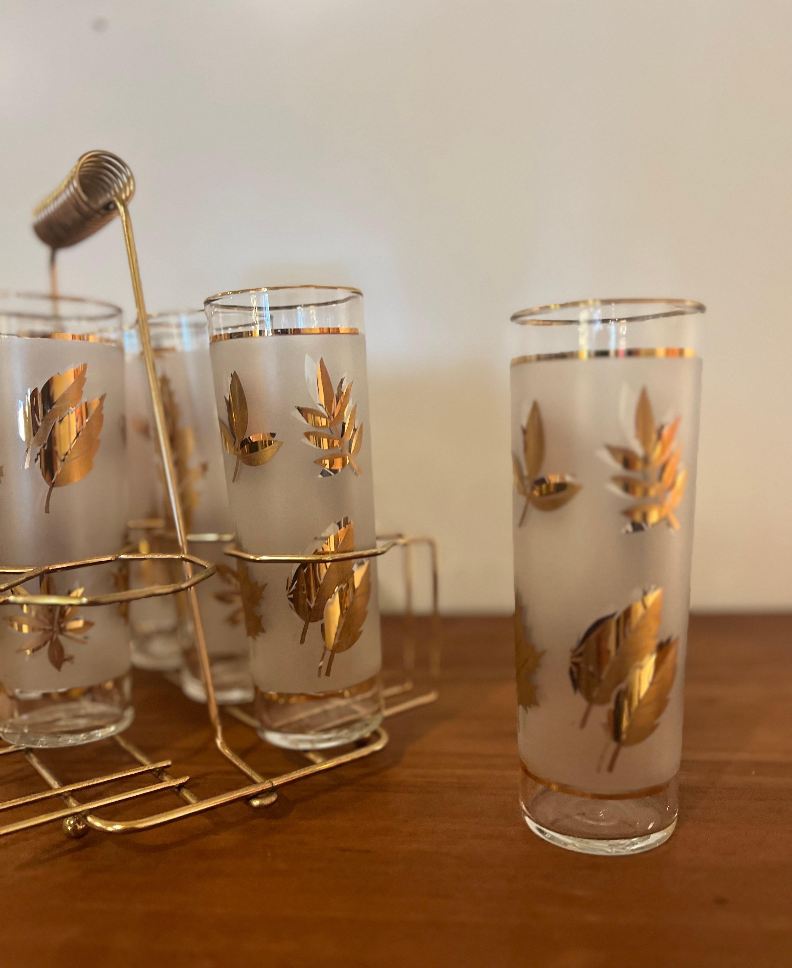 American 1950's Atomic Mid Century Libbey Golden Tumblers Set of 8 Highball Glasses Caddy