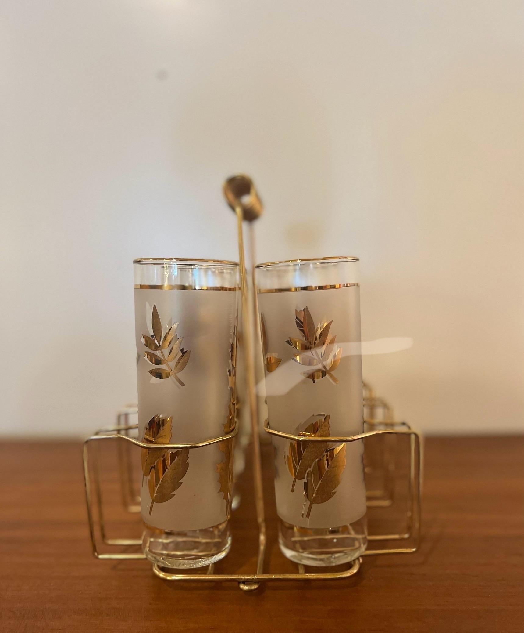 1950's Atomic Mid Century Libbey Golden Tumblers Set of 8 Highball Glasses Caddy In Excellent Condition In San Diego, CA