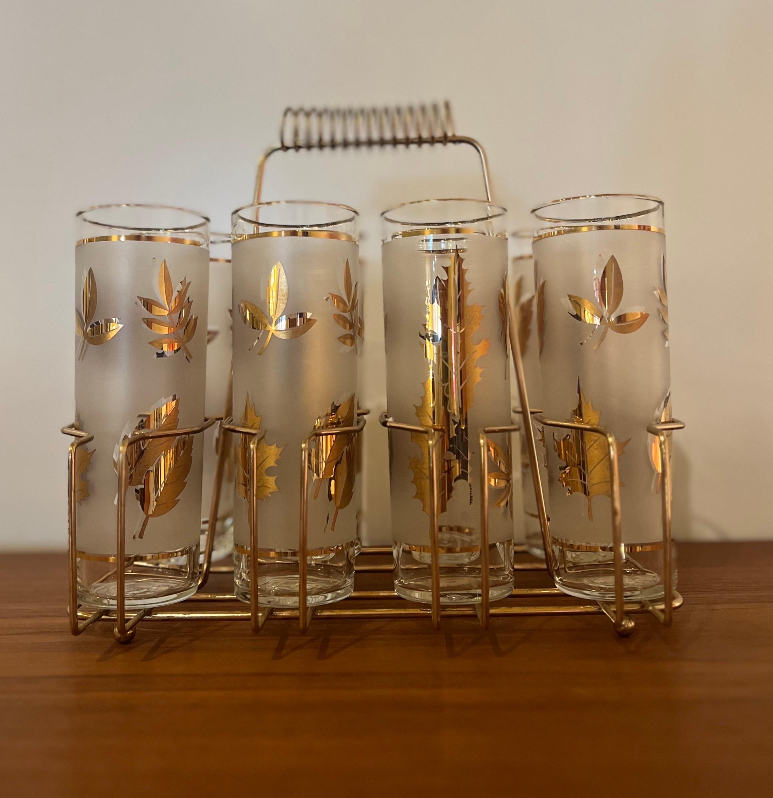 20th Century 1950's Atomic Mid Century Libbey Golden Tumblers Set of 8 Highball Glasses Caddy
