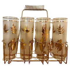 Vintage 1950's Atomic Mid Century Libbey Golden Tumblers Set of 8 Highball Glasses Caddy