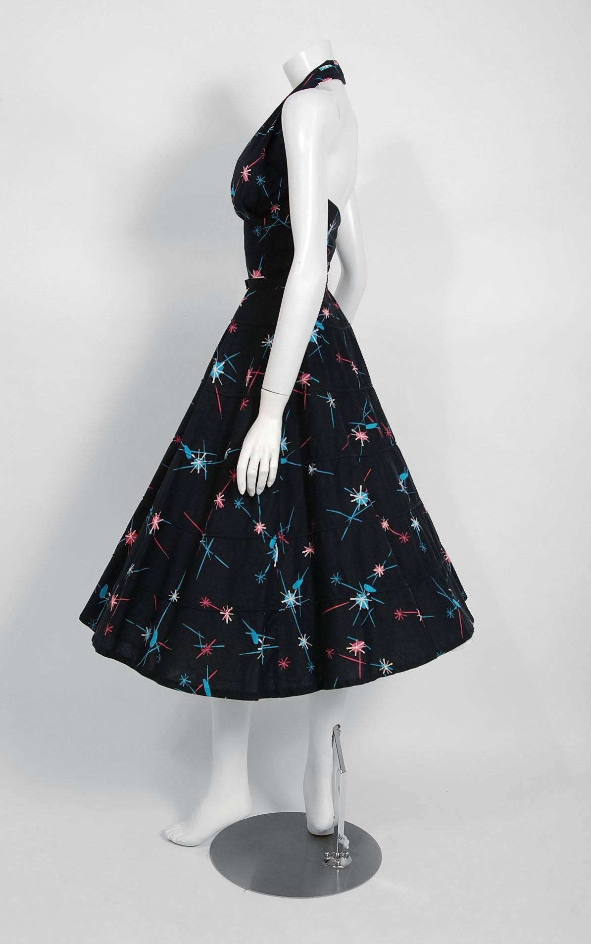 Women's 1950's Atomic Novelty Print Cotton Shelf-Bust Halter Belted Full Sun Dress 
