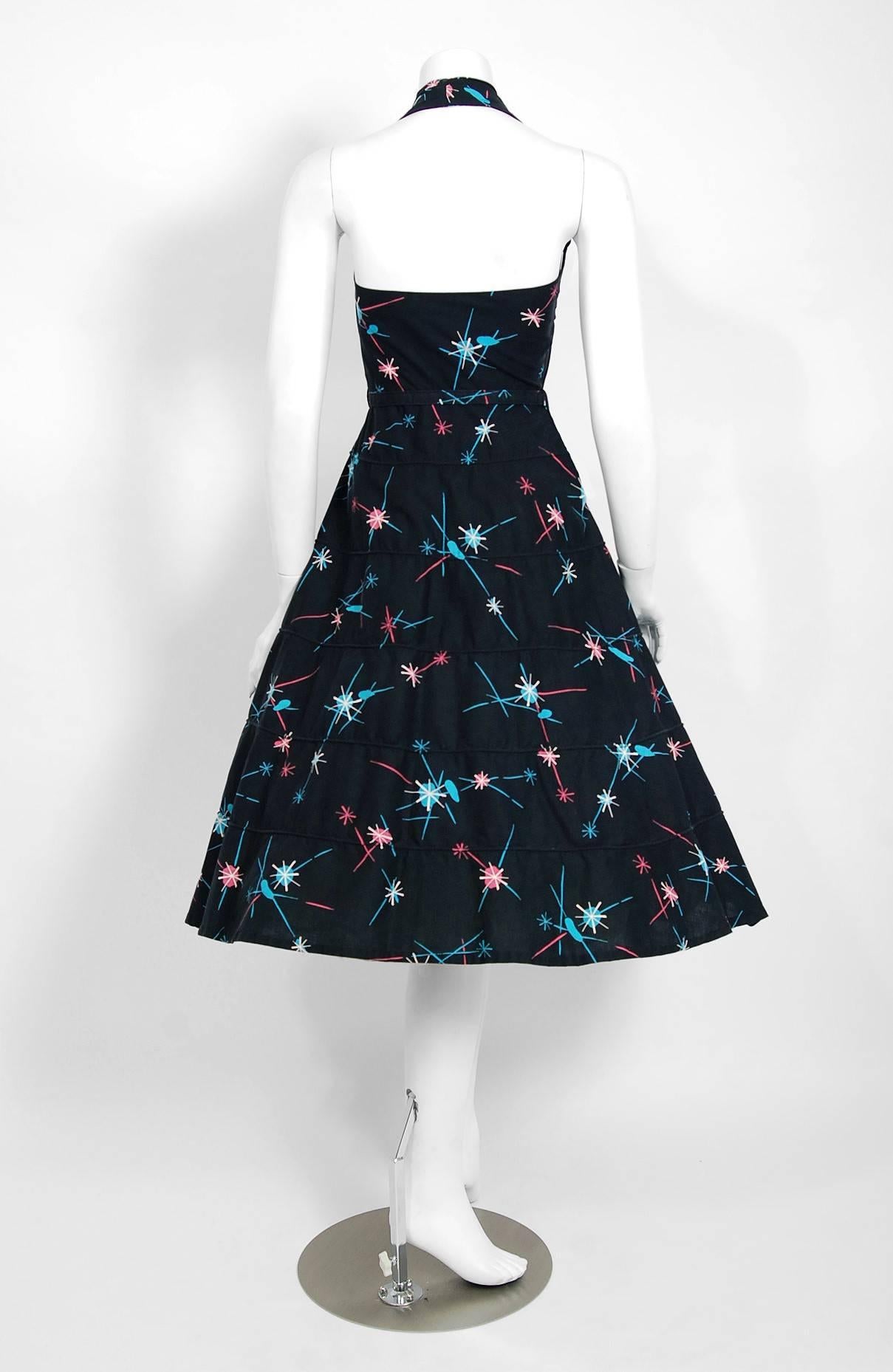 1950's Atomic Novelty Print Cotton Shelf-Bust Halter Belted Full Sun Dress  1