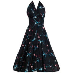 1950's Atomic Novelty Print Cotton Shelf-Bust Halter Belted Full Sun Dress