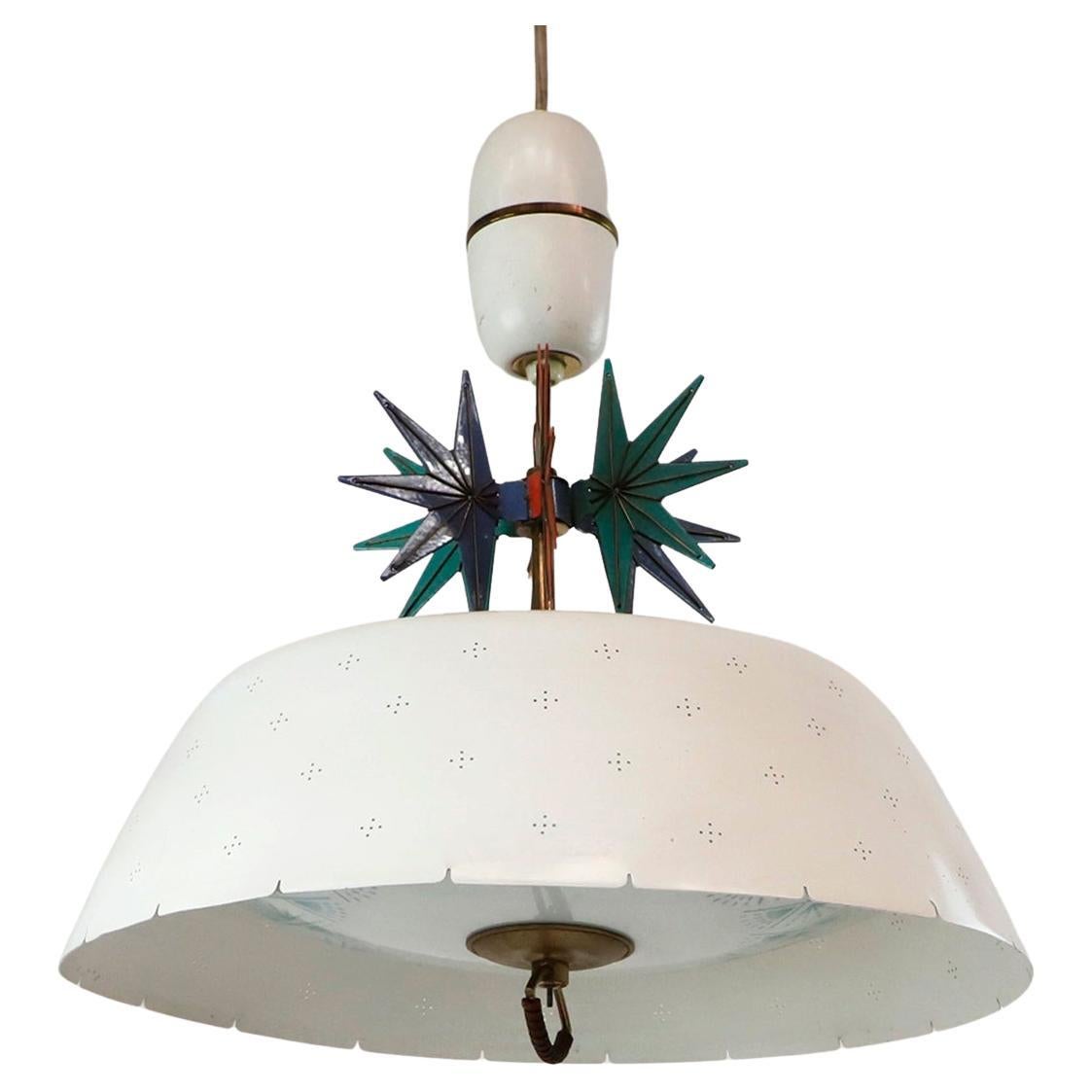 1950s Atomic Pendant Lamp Perforated with Enamel Details