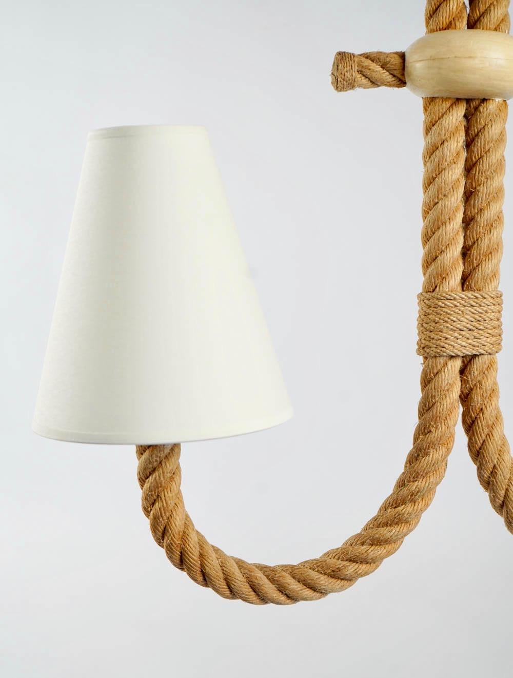 All made of weaved rope. Two lighted arms curved in shaped of marine anchor. 
Two lampshades made of off-white cotton.
Two bulbs.

Adrien Audoux and Frida Minet are known for their rope lights and furniture. 
Their first workshop have been