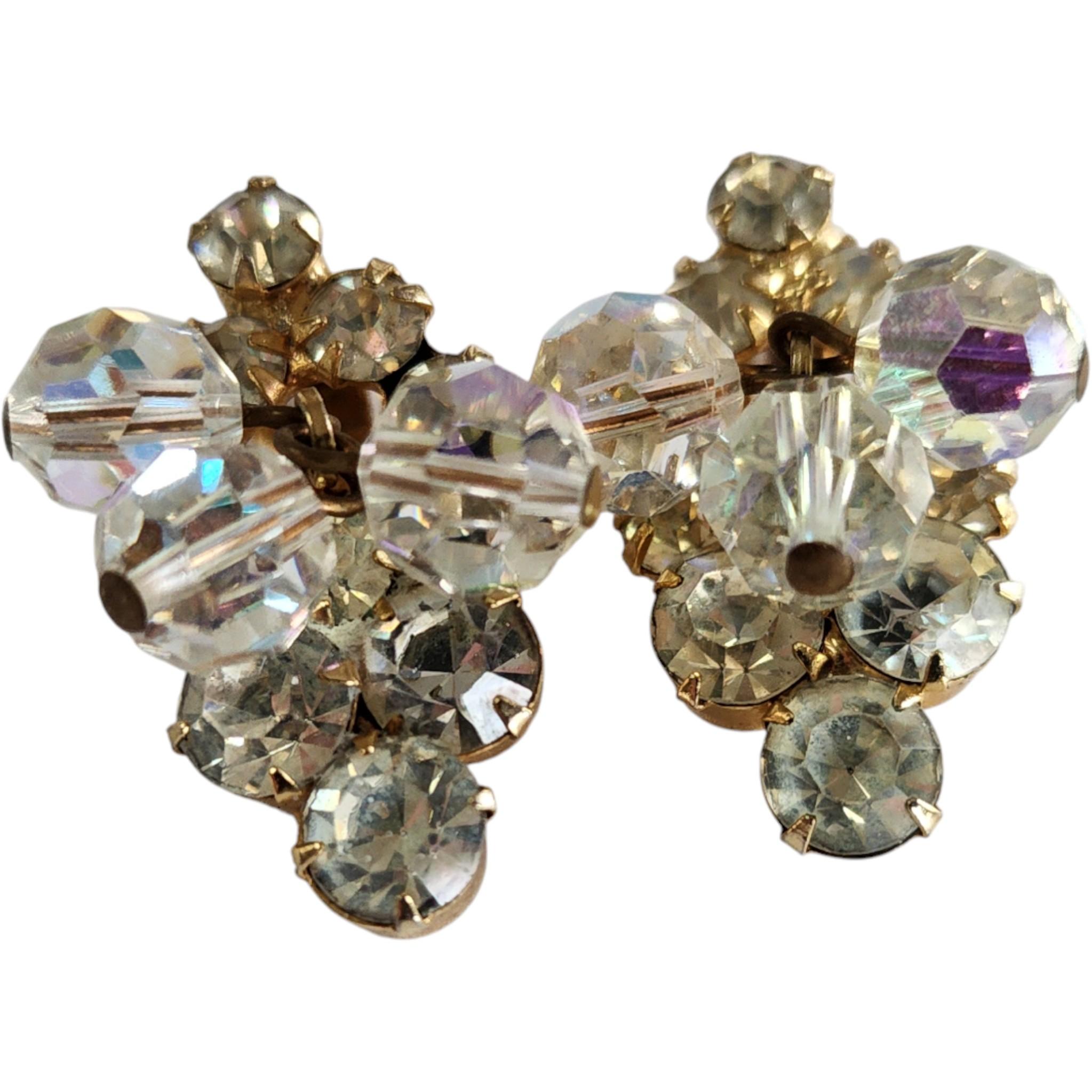 1950s Aurora Borealis Crystal and Rhinestone Gold Tone Clip-On Earrings