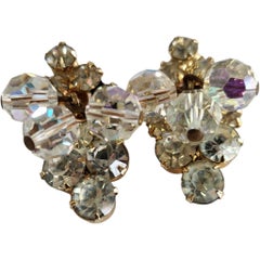 1950s Aurora Borealis Crystal and Rhinestone Gold Tone Clip-On Earrings Vintage 1950s Aurora Borealis Crystal and Rhinestone Gold Tone Clip-On Earrings