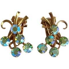 1950s Aurora Borealis Rhinestone Gold-Tone Clip-On Earrings