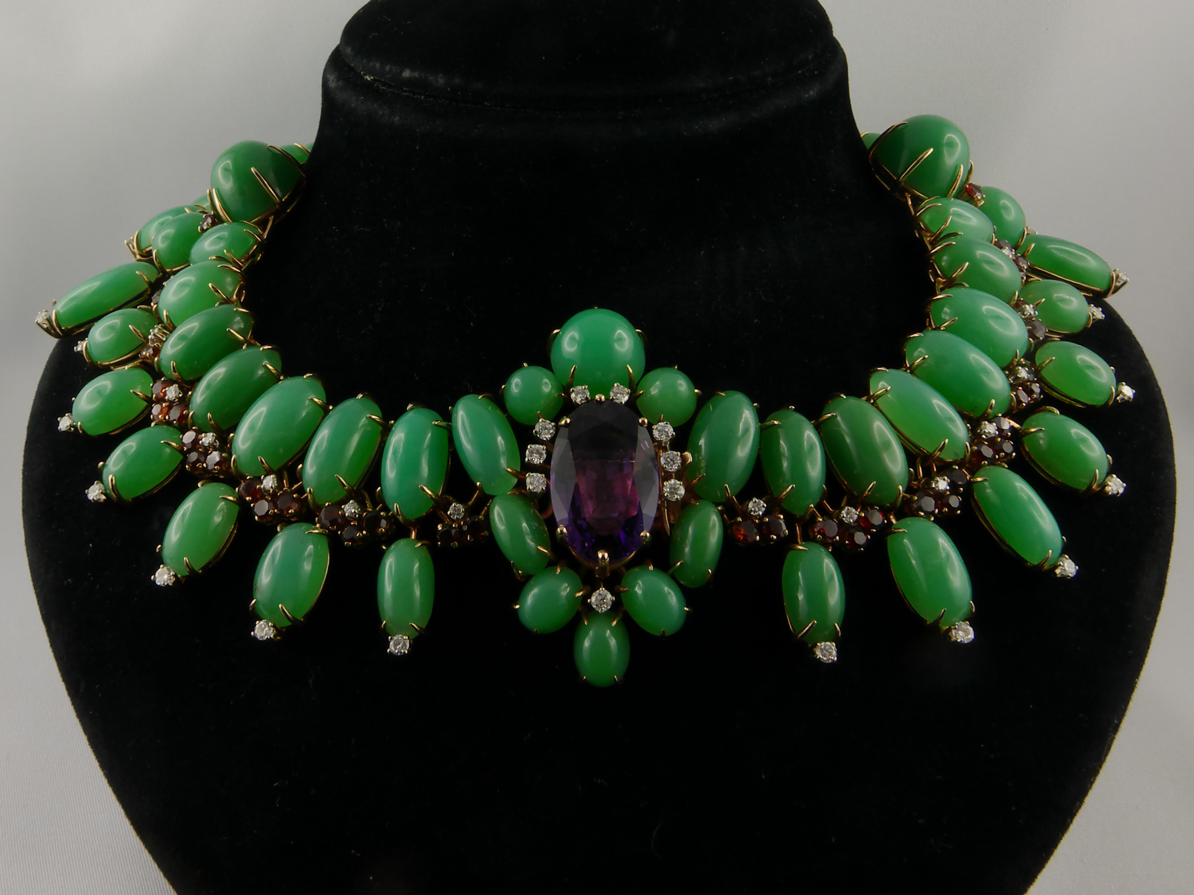Impressive 1950s Austrian  Necklace with Amethyst Diamonds and Citrines, set in Rose Gold 
The Chrysoprase oval-shaped cabochons form a gorgeous double row fringe alterned with a glittering array of Citrines.
The central motif, adorned with a rich