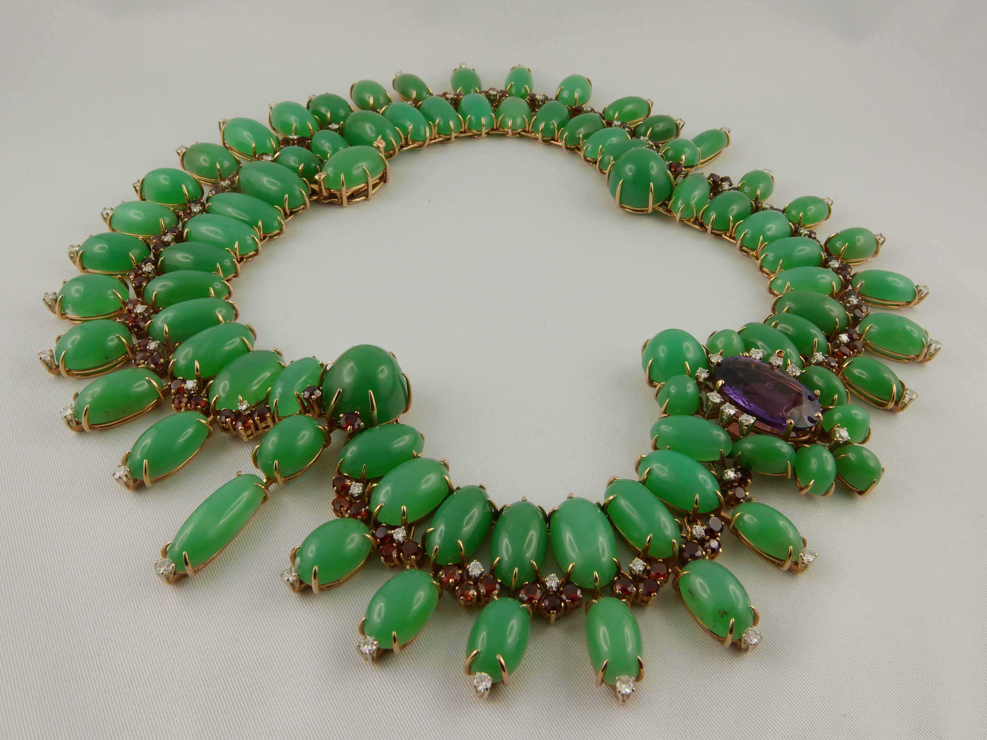 1950s Austrian Amethyst Chrysoprase Diamond and Citrine Necklace In Good Condition In Torino, IT