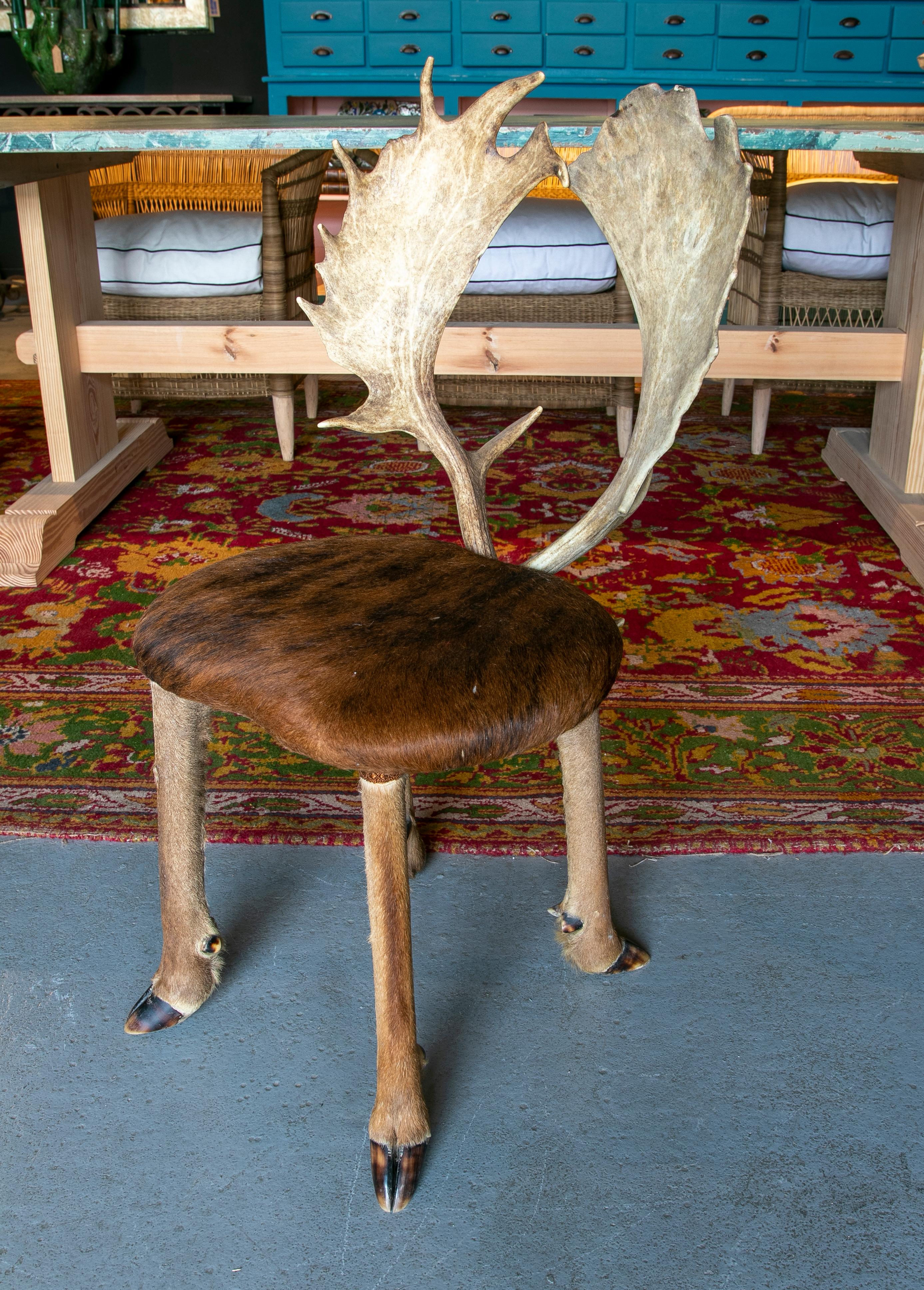 1950s Austrian Chair w/ Deer Leather Seats, Hoof Legs & Antlers Backrest In Good Condition In Marbella, ES