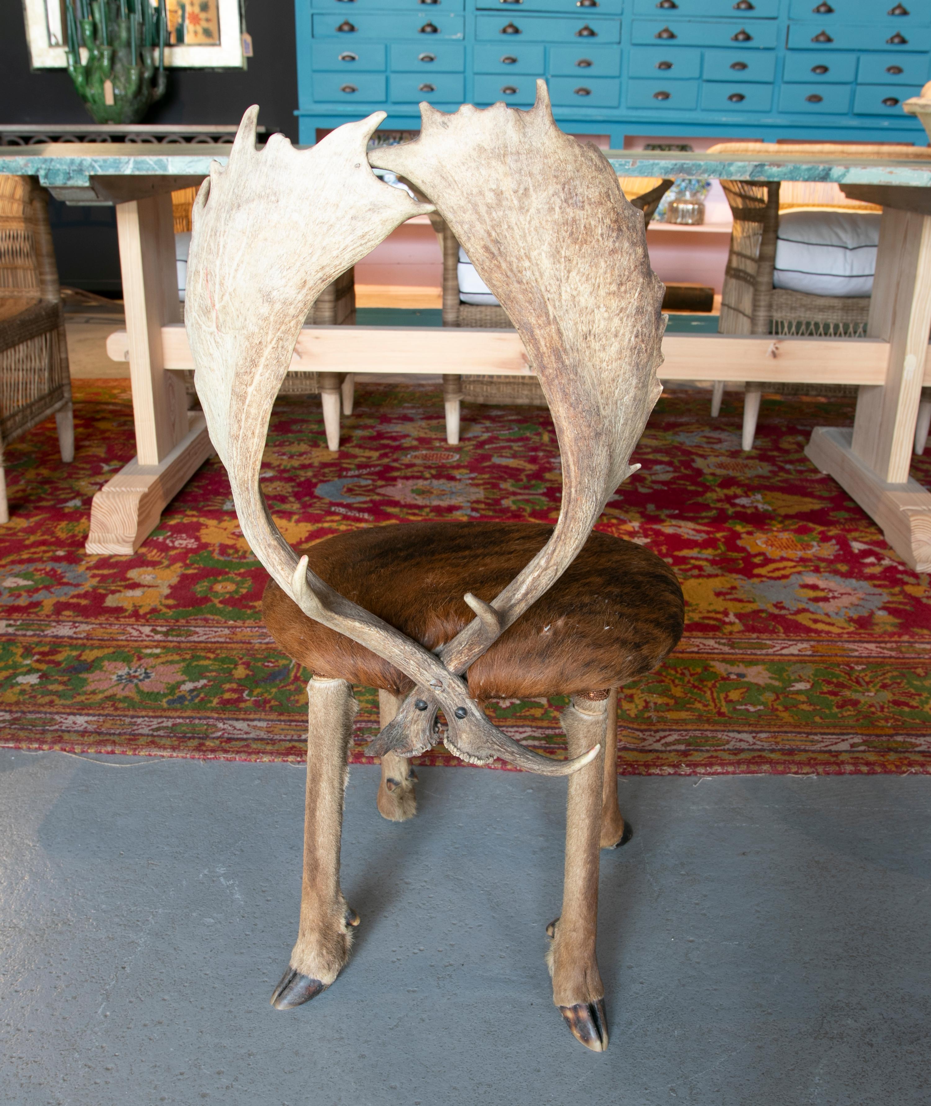 20th Century 1950s Austrian Chair w/ Deer Leather Seats, Hoof Legs & Antlers Backrest