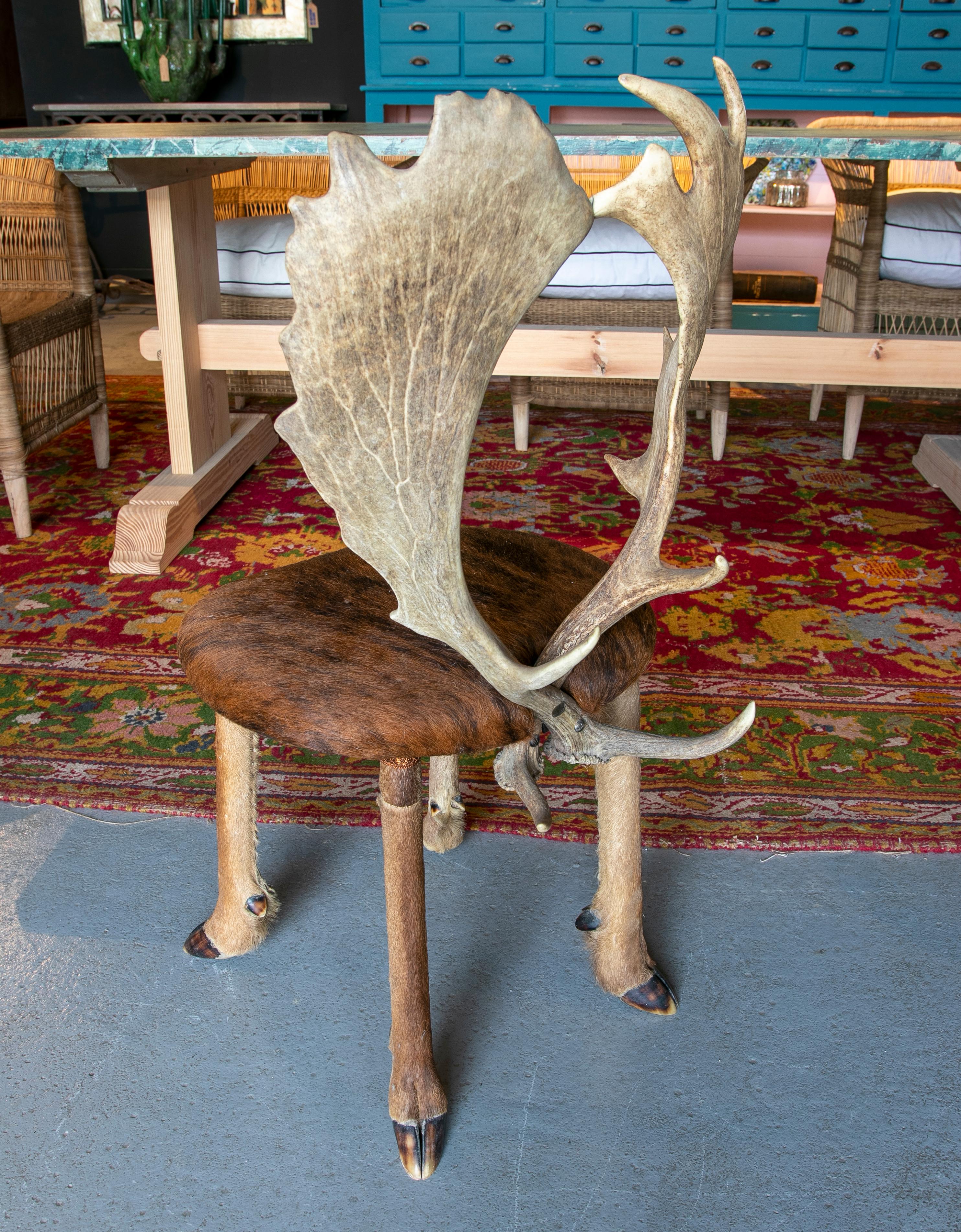 Horn 1950s Austrian Chair w/ Deer Leather Seats, Hoof Legs & Antlers Backrest