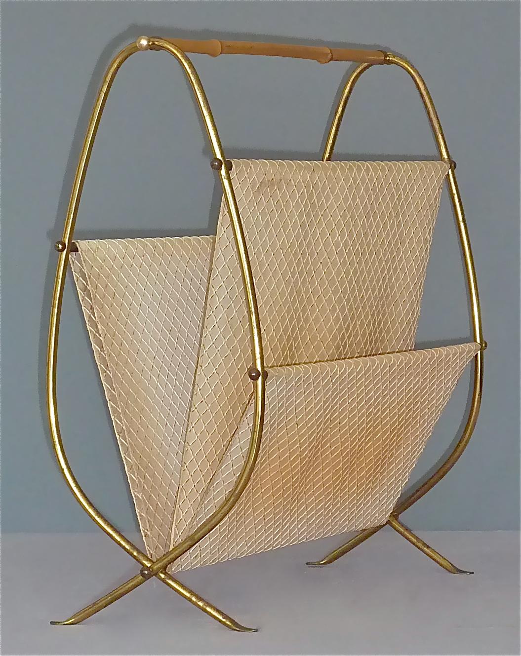 Mid-Century Modern 1950s Austrian Modernist Magazine Rack Brass Bamboo, Josef Frank, Auböck Style For Sale