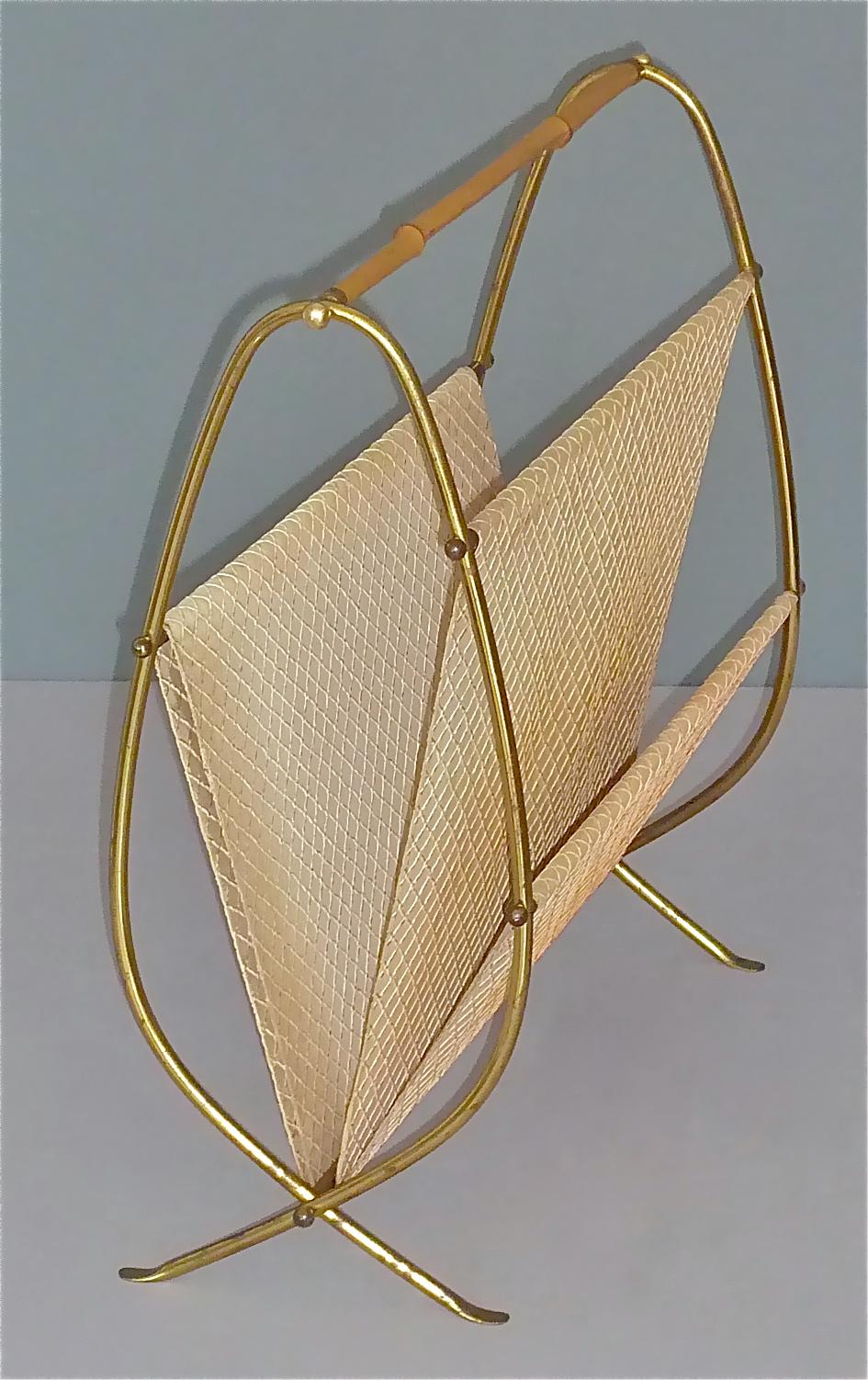 Patinated 1950s Austrian Modernist Magazine Rack Brass Bamboo, Josef Frank, Auböck Style For Sale