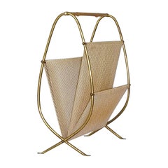 1950s Austrian Modernist Magazine Rack Brass Bamboo, Josef Frank, Auböck Style