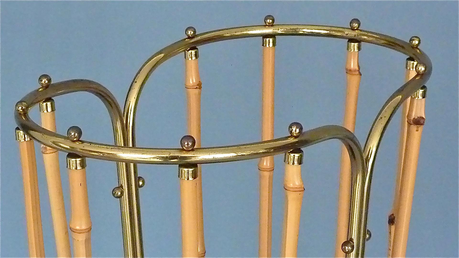1950s Austrian Modernist Umbrella Stand Brass Bamboo, Josef Frank, Auböck Style 9