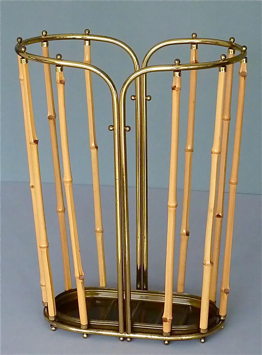 1950s Austrian Modernist Umbrella Stand Brass Bamboo, Josef Frank, Auböck Style 10