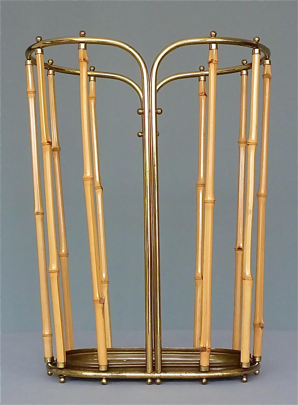 Mid-Century Modern 1950s Austrian Modernist Umbrella Stand Brass Bamboo, Josef Frank, Auböck Style